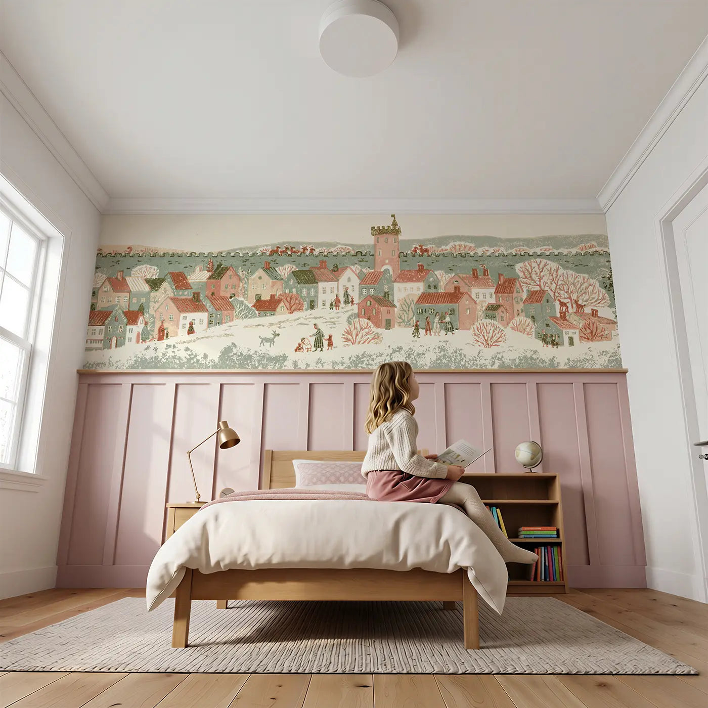 Child reading near Block Print Castle Town Walls Wainscoting Wallpaper by Whimsy Tots