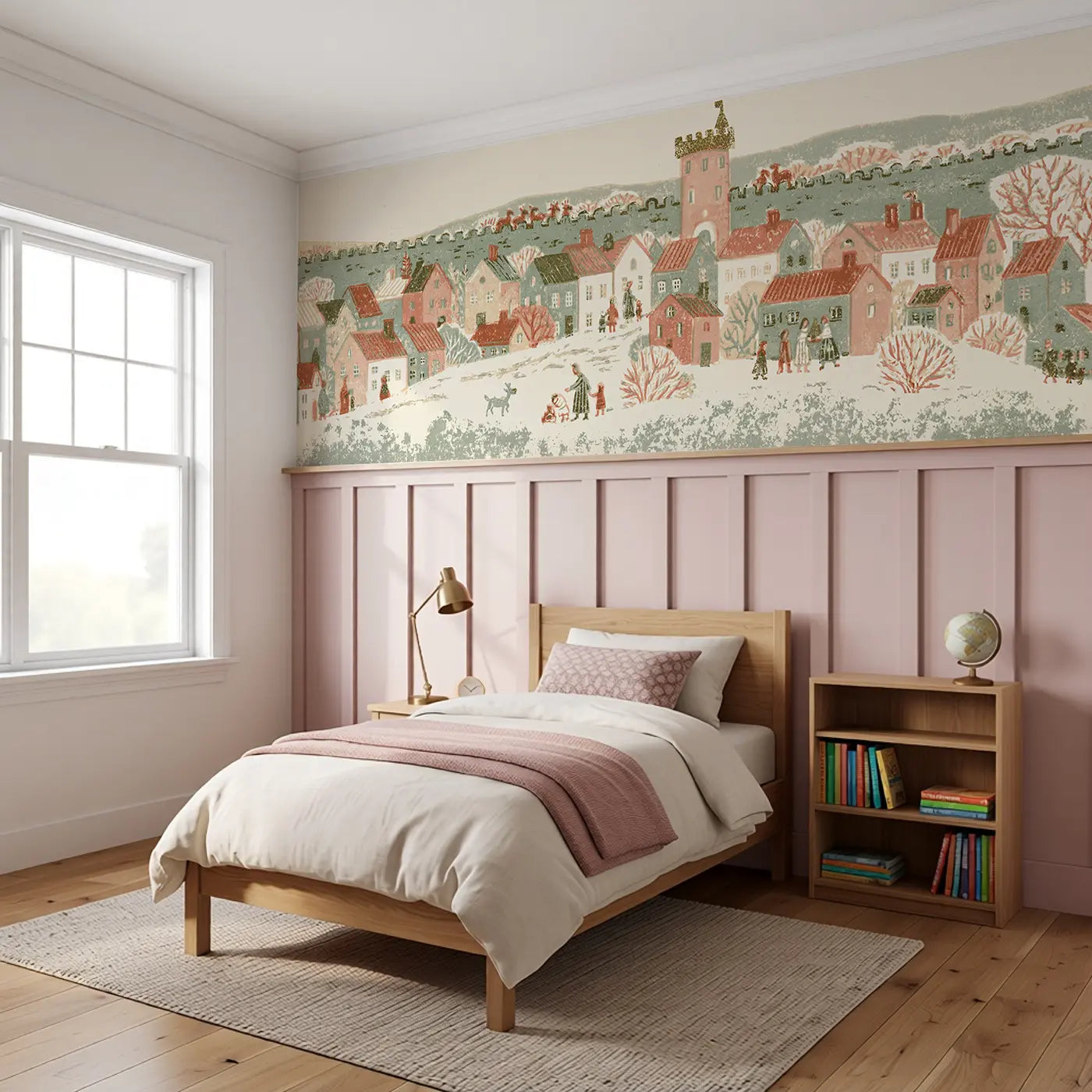 Block Print Castle Town Walls Wainscoting Wallpaper styled in a kids bedroom by Whimsy Tots