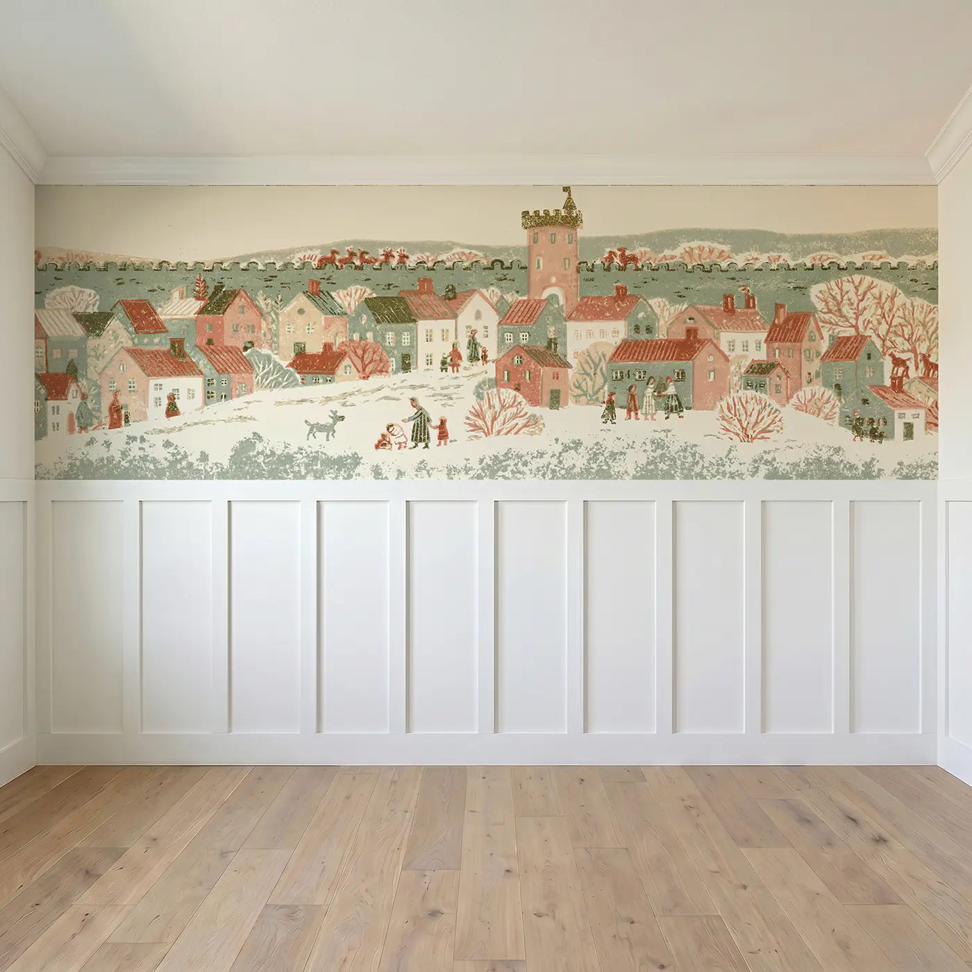 Full panel view of Block Print Castle Town Walls Wainscoting Wallpaper by Whimsy Tots