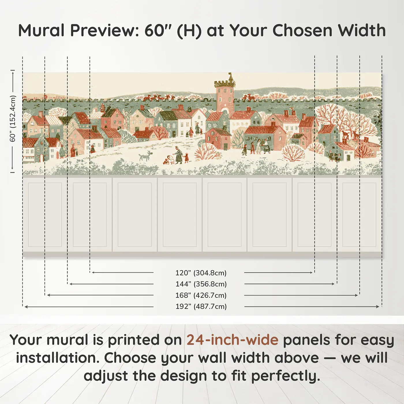 Panel dimensions for Block Print Castle Town Walls Wainscoting Wallpaper by Whimsy Tots