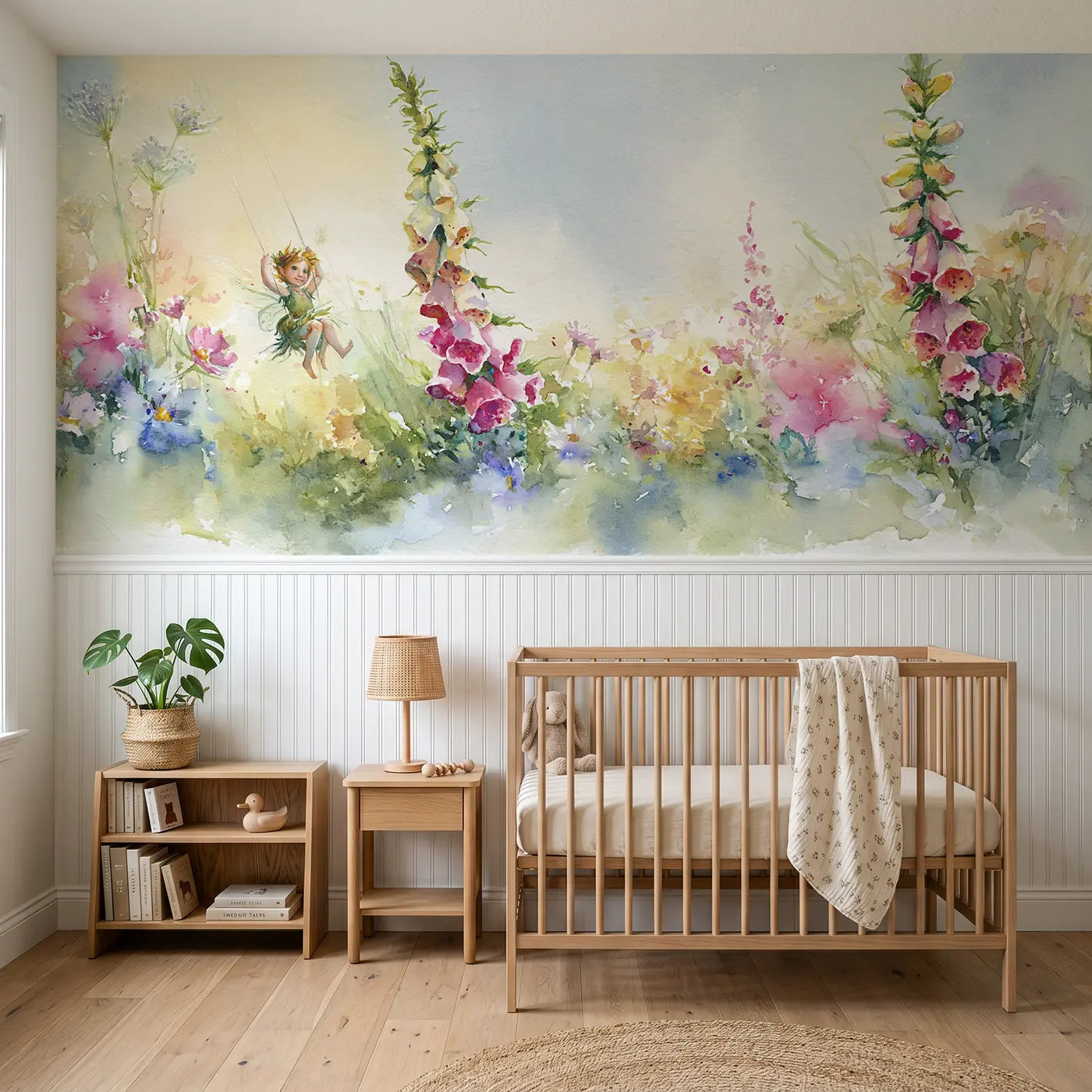 Watercolor fairy flower swing summer wainscoting wallpaper for nursery by Whimsy Tots