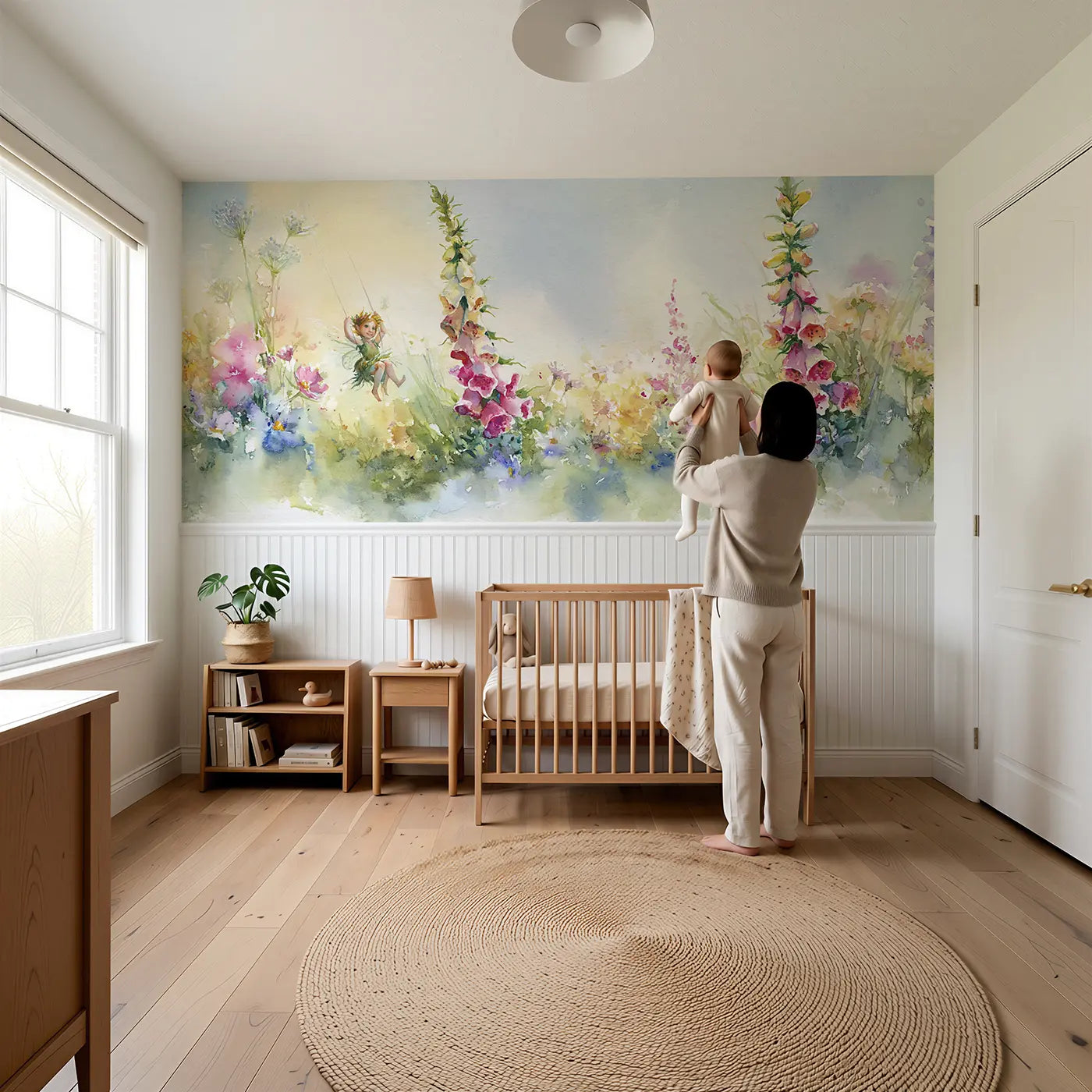 Child reading near Fairy Flower Swing Summer Wainscoting Wallpaper by Whimsy Tots