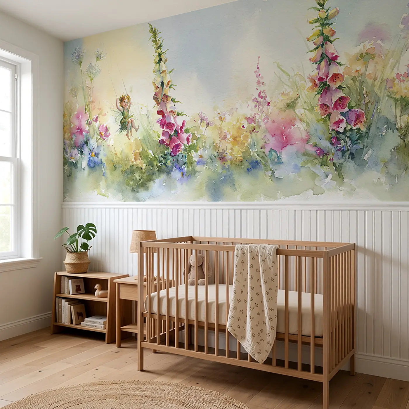 Fairy Flower Swing Summer Wainscoting Wallpaper styled in a kids bedroom by Whimsy Tots