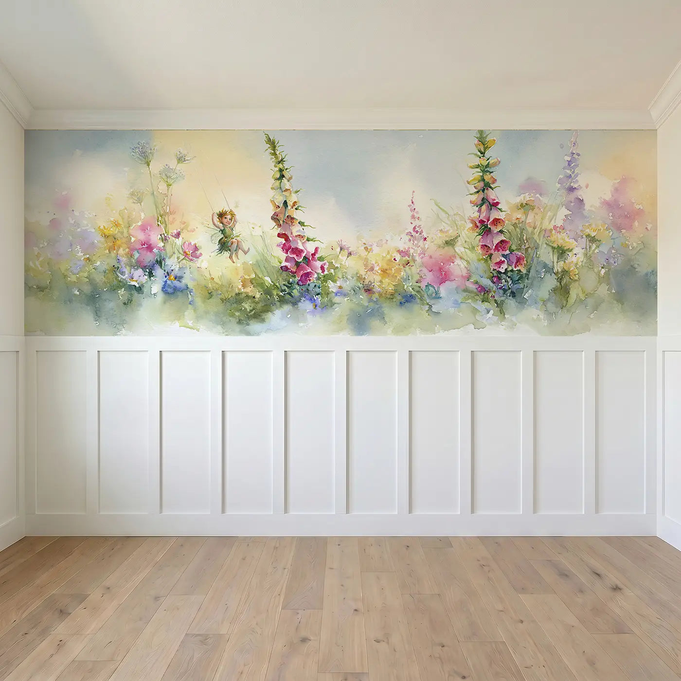 Full panel view of Fairy Flower Swing Summer Wainscoting Wallpaper by Whimsy Tots