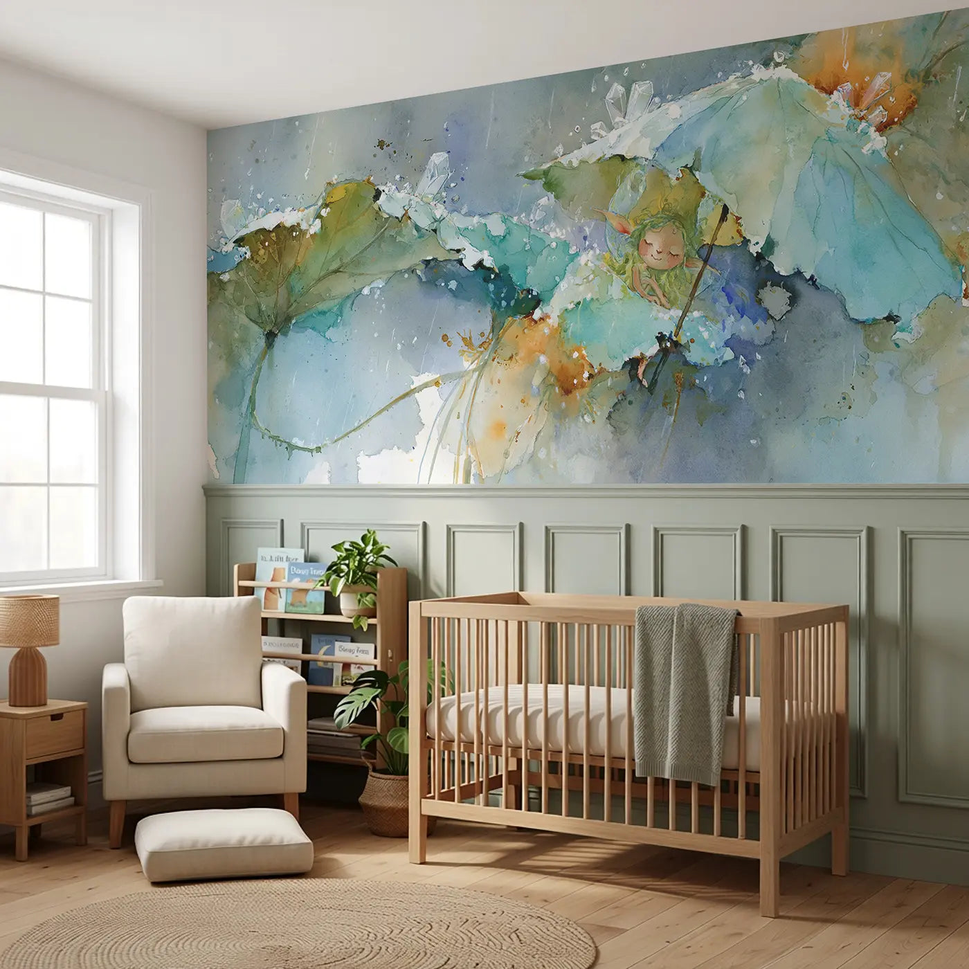 Fairy Raindrop Umbrella Leaf Wainscoting Wallpaper styled in a kids bedroom by Whimsy Tots