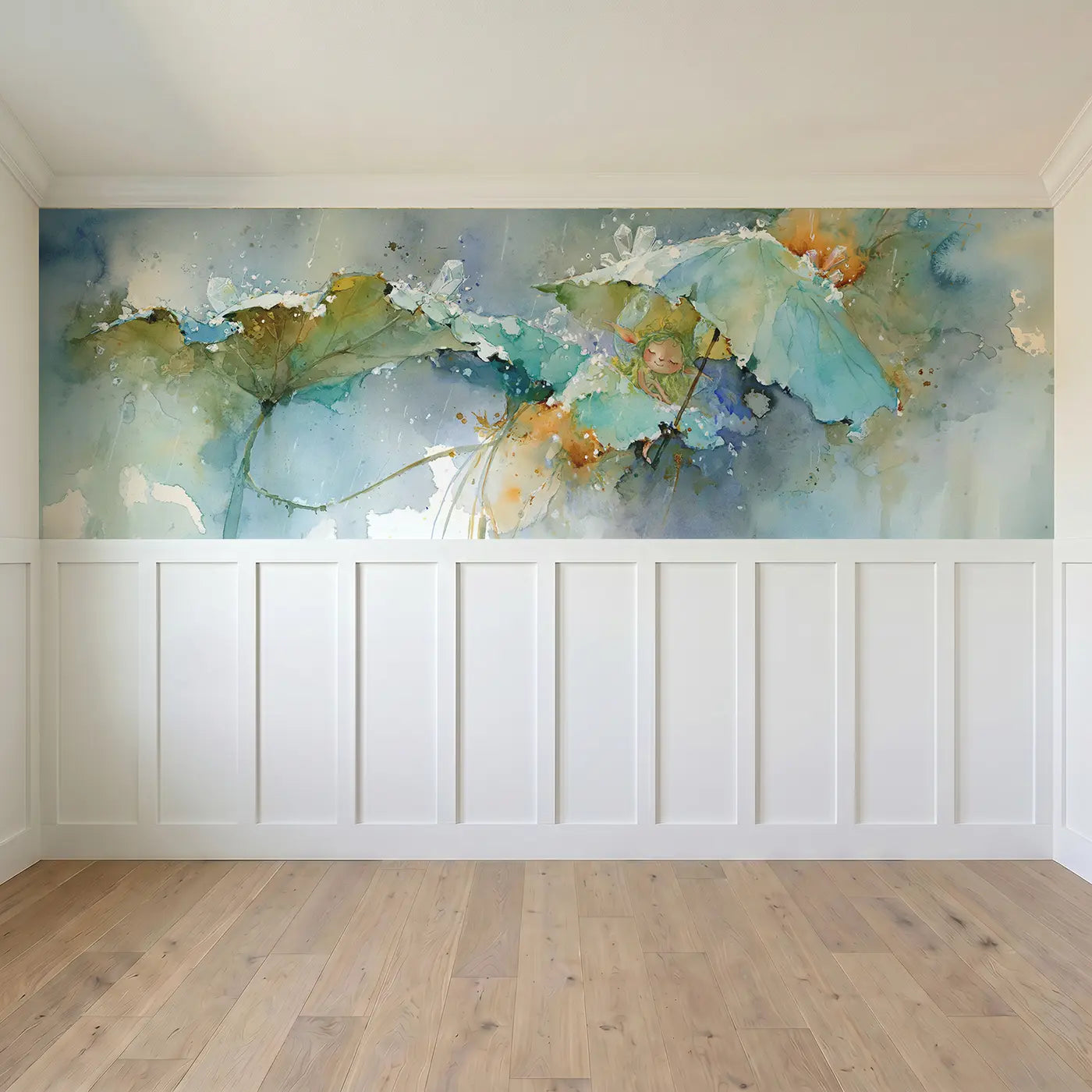 Full panel view of Fairy Raindrop Umbrella Leaf Wainscoting Wallpaper by Whimsy Tots