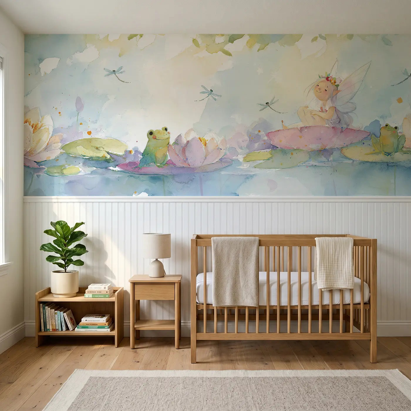 Watercolor fairy water lily pond rest wainscoting wallpaper for nursery by Whimsy Tots