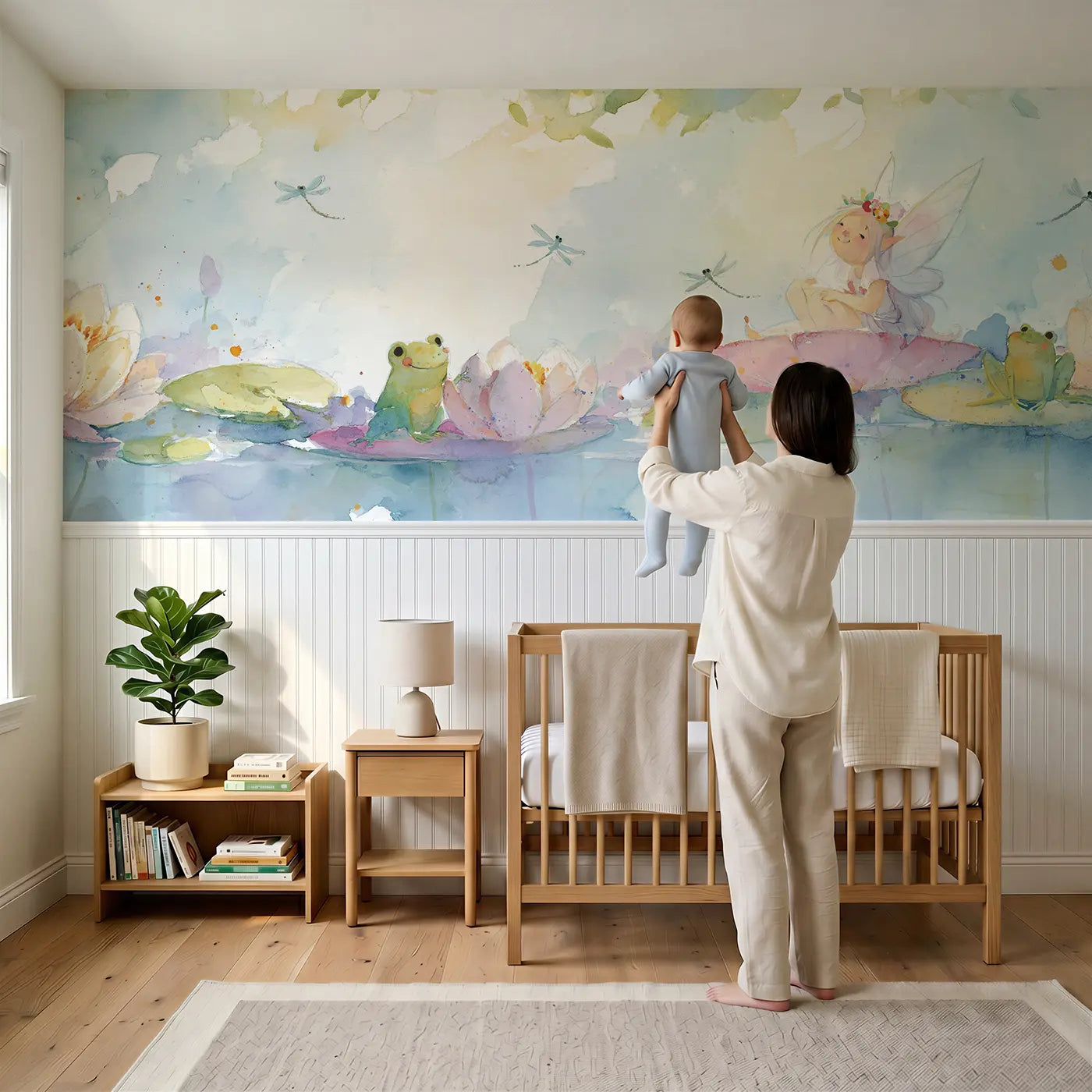 Child reading near Fairy Water Lily Pond Rest Wainscoting Wallpaper by Whimsy Tots