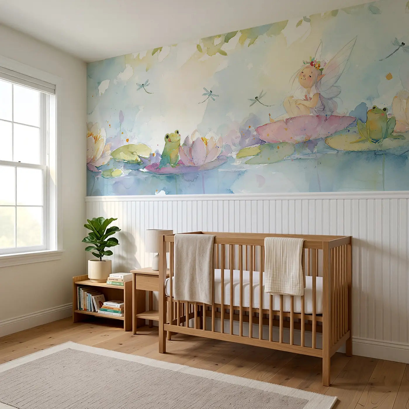 Fairy Water Lily Pond Rest Wainscoting Wallpaper styled in a kids bedroom by Whimsy Tots