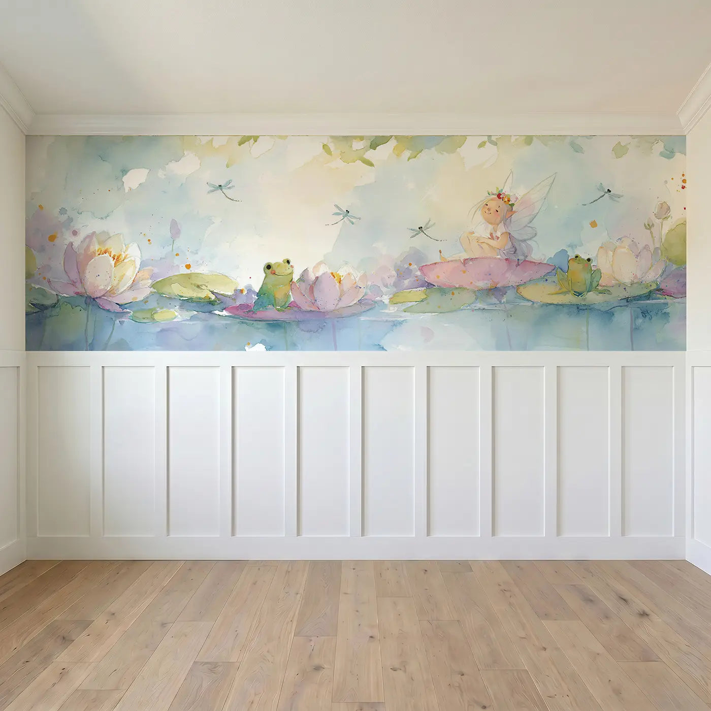 Full panel view of Fairy Water Lily Pond Rest Wainscoting Wallpaper by Whimsy Tots