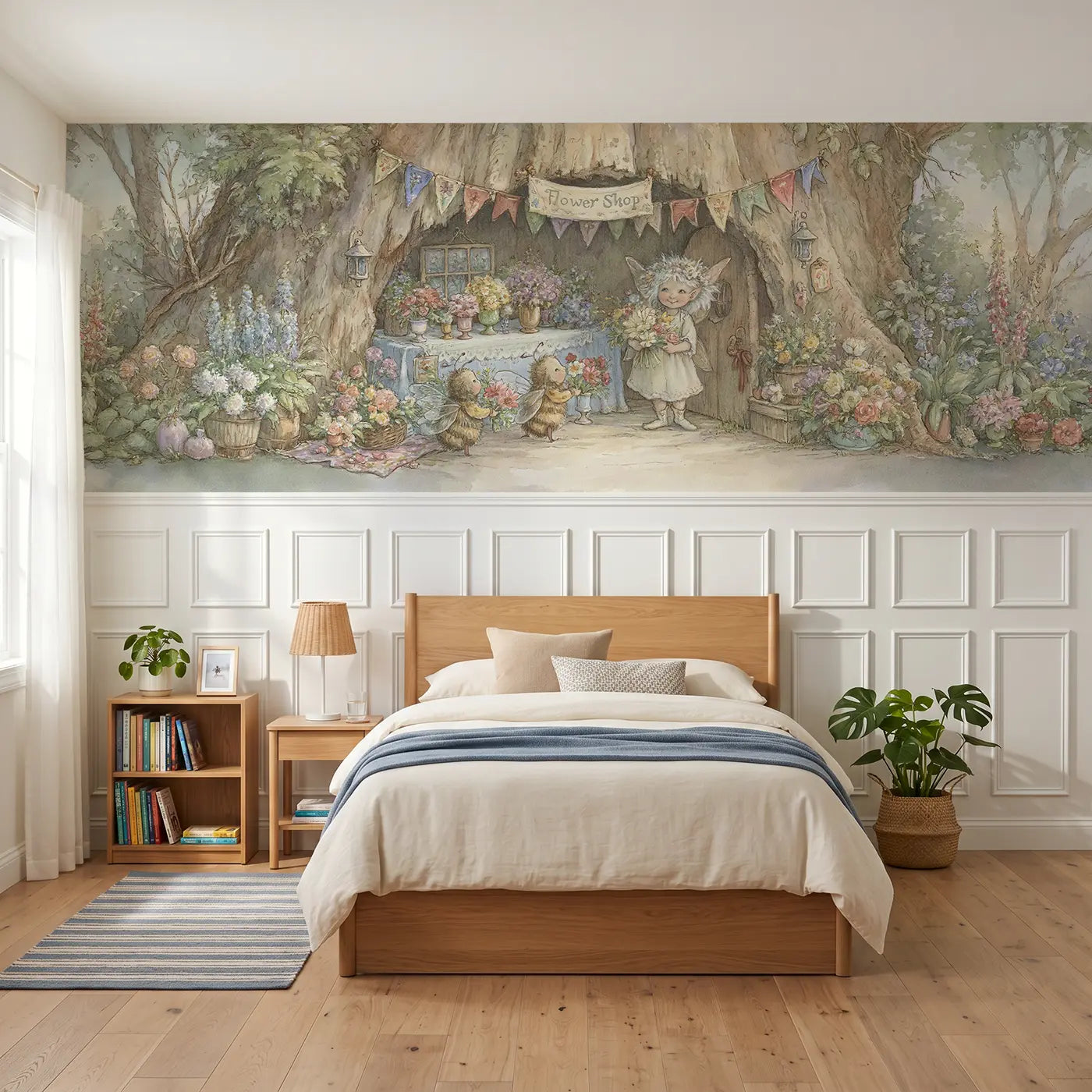 Storybook fairy flower shop open day wainscoting wallpaper for bedroom by Whimsy Tots