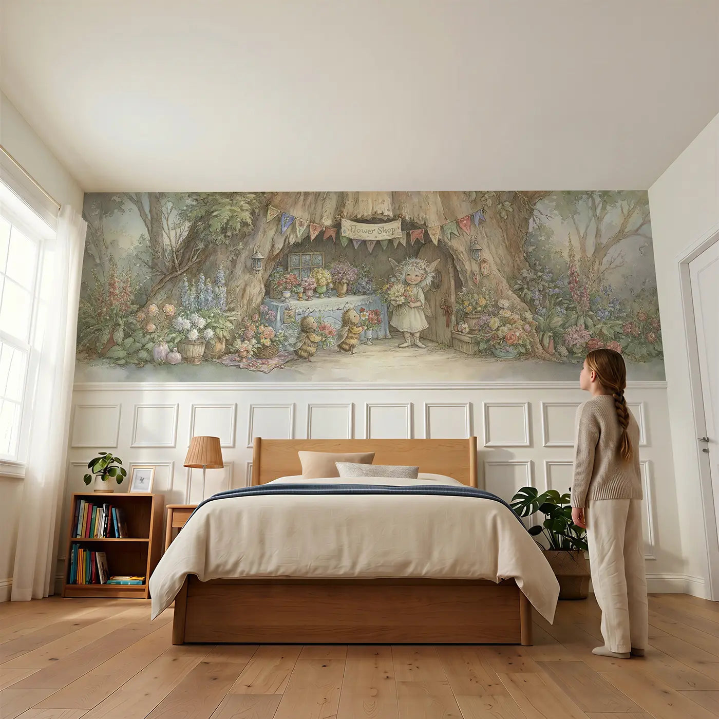 Child reading near Fairy Flower Shop Open Day Wainscoting Wallpaper by Whimsy Tots