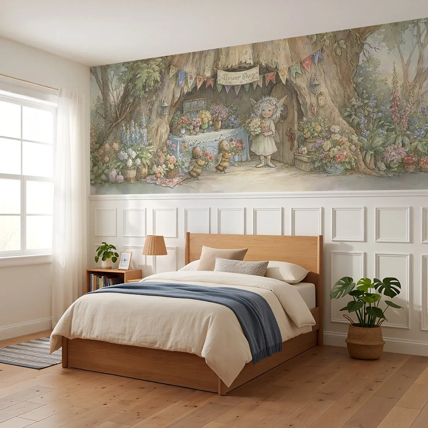 Fairy Flower Shop Open Day Wainscoting Wallpaper styled in a kids bedroom by Whimsy Tots