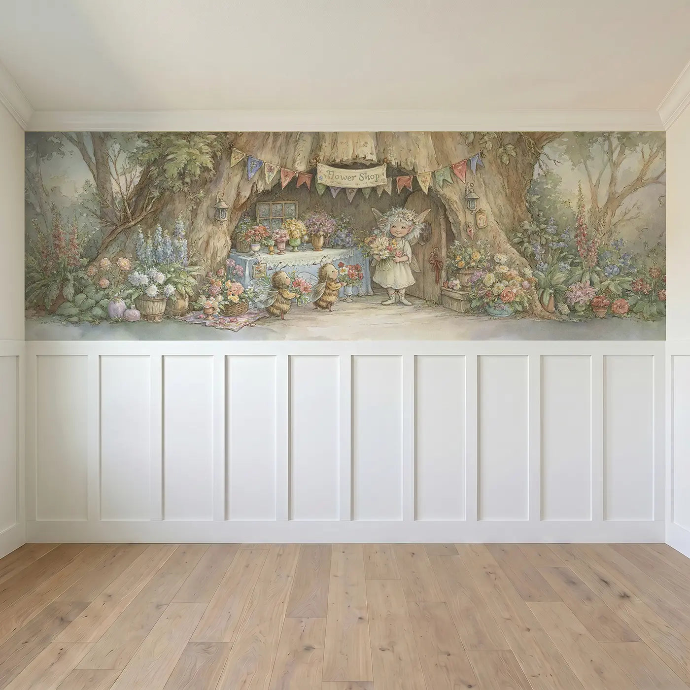 Full panel view of Fairy Flower Shop Open Day Wainscoting Wallpaper by Whimsy Tots