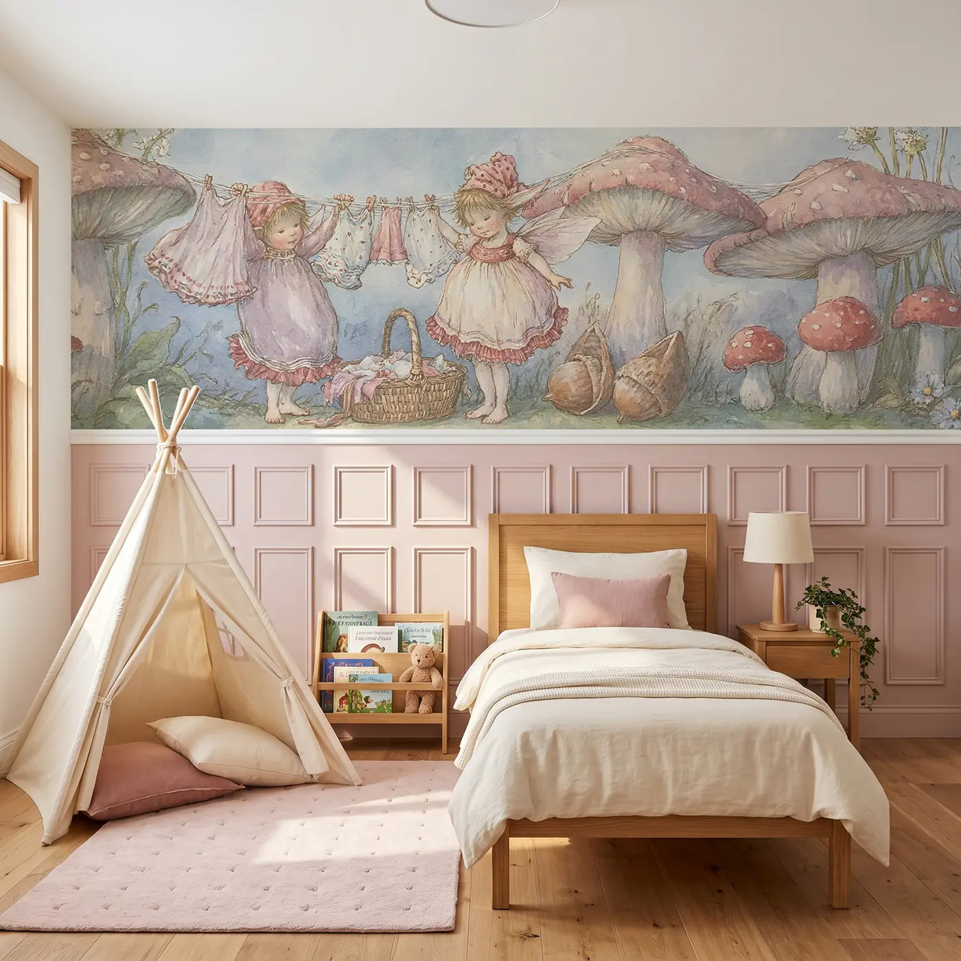 Storybook fairy laundry day clothesline wainscoting wallpaper for bedroom by Whimsy Tots