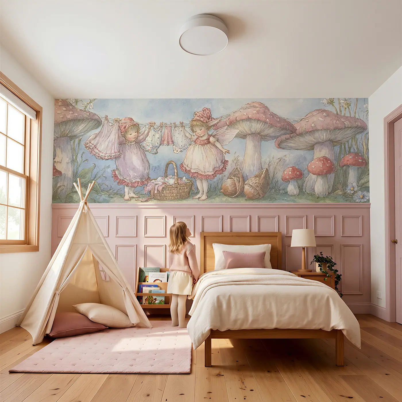 Child reading near Fairy Laundry Day Clothesline Wainscoting Wallpaper by Whimsy Tots