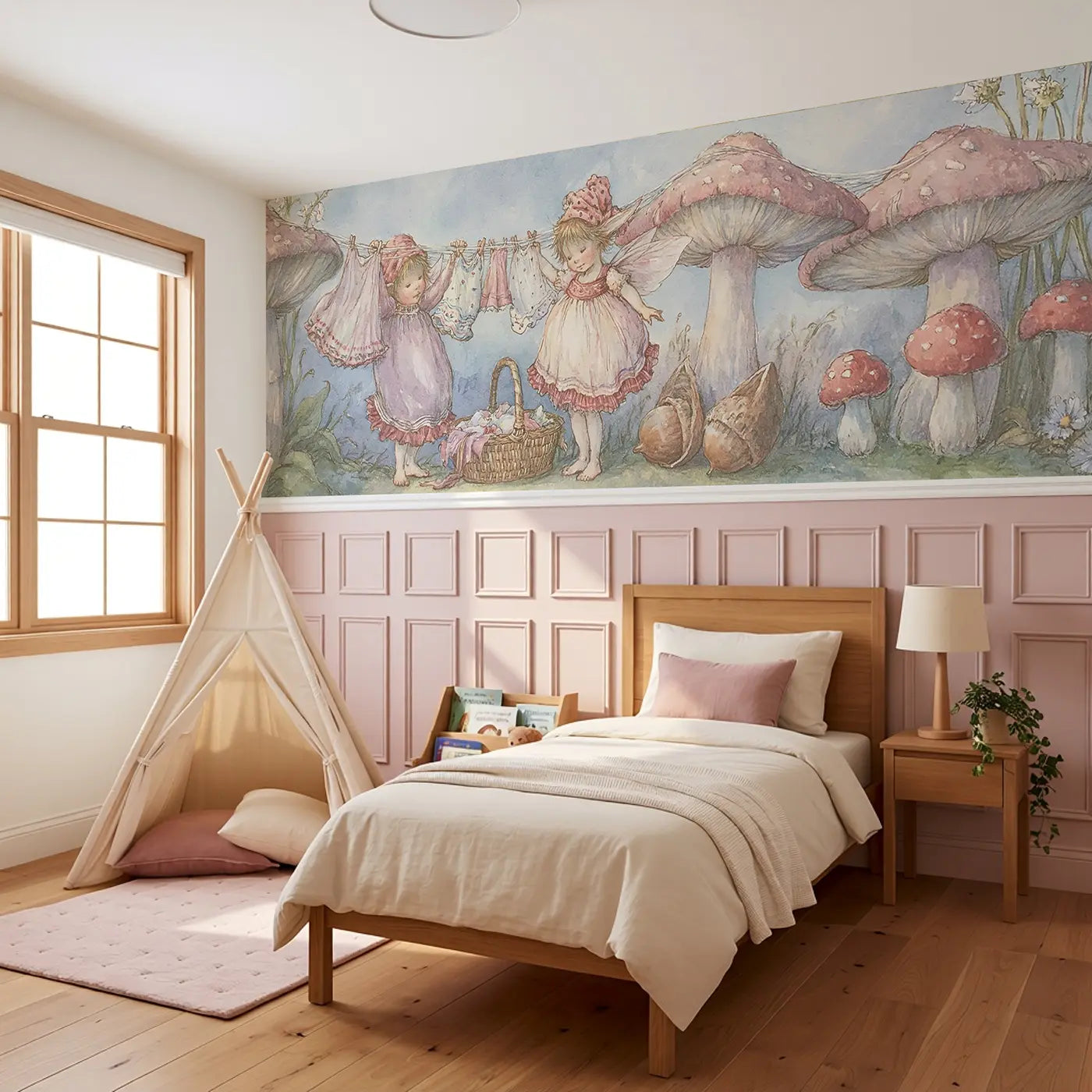 Fairy Laundry Day Clothesline Wainscoting Wallpaper styled in a kids bedroom by Whimsy Tots