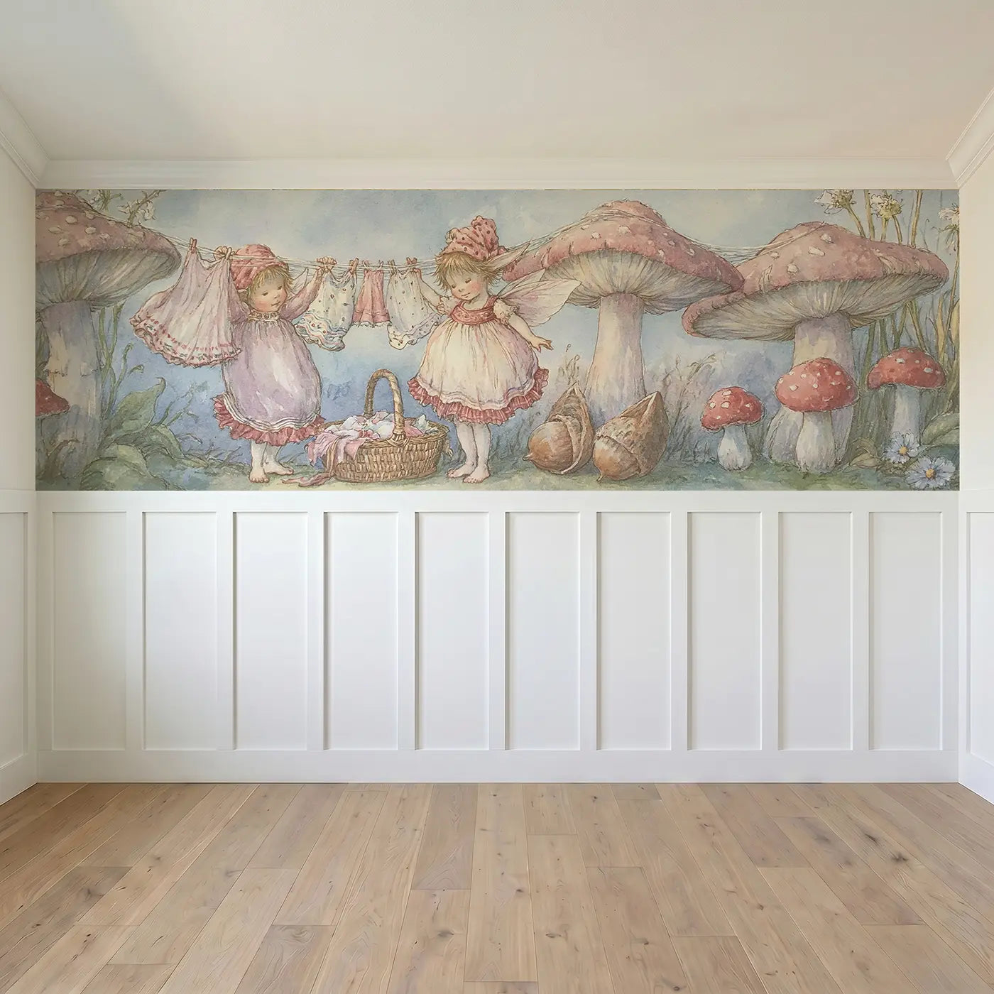 Full panel view of Fairy Laundry Day Clothesline Wainscoting Wallpaper by Whimsy Tots