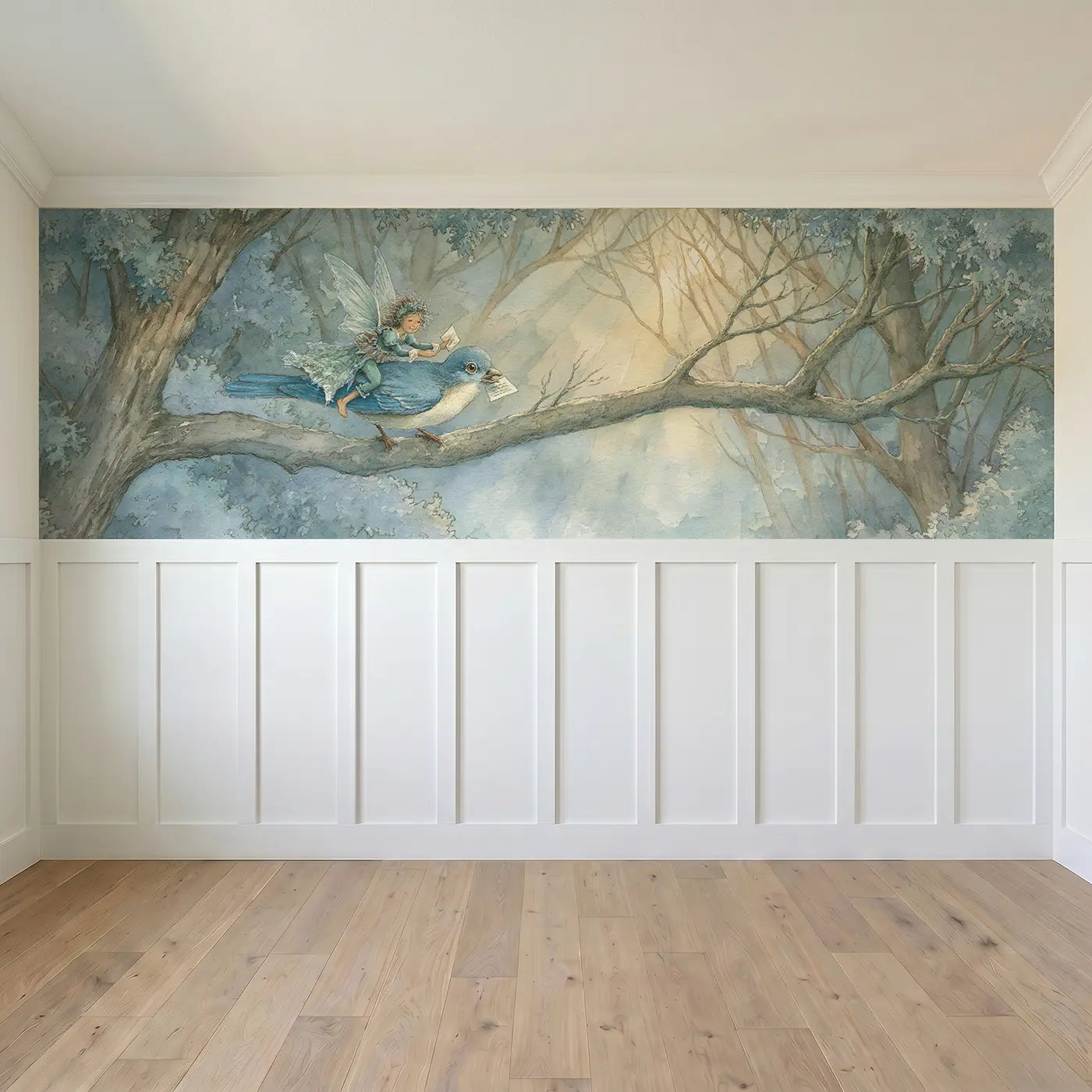 Full panel view of Fairy Mail Carrier Bluebird Wainscoting Wallpaper by Whimsy Tots