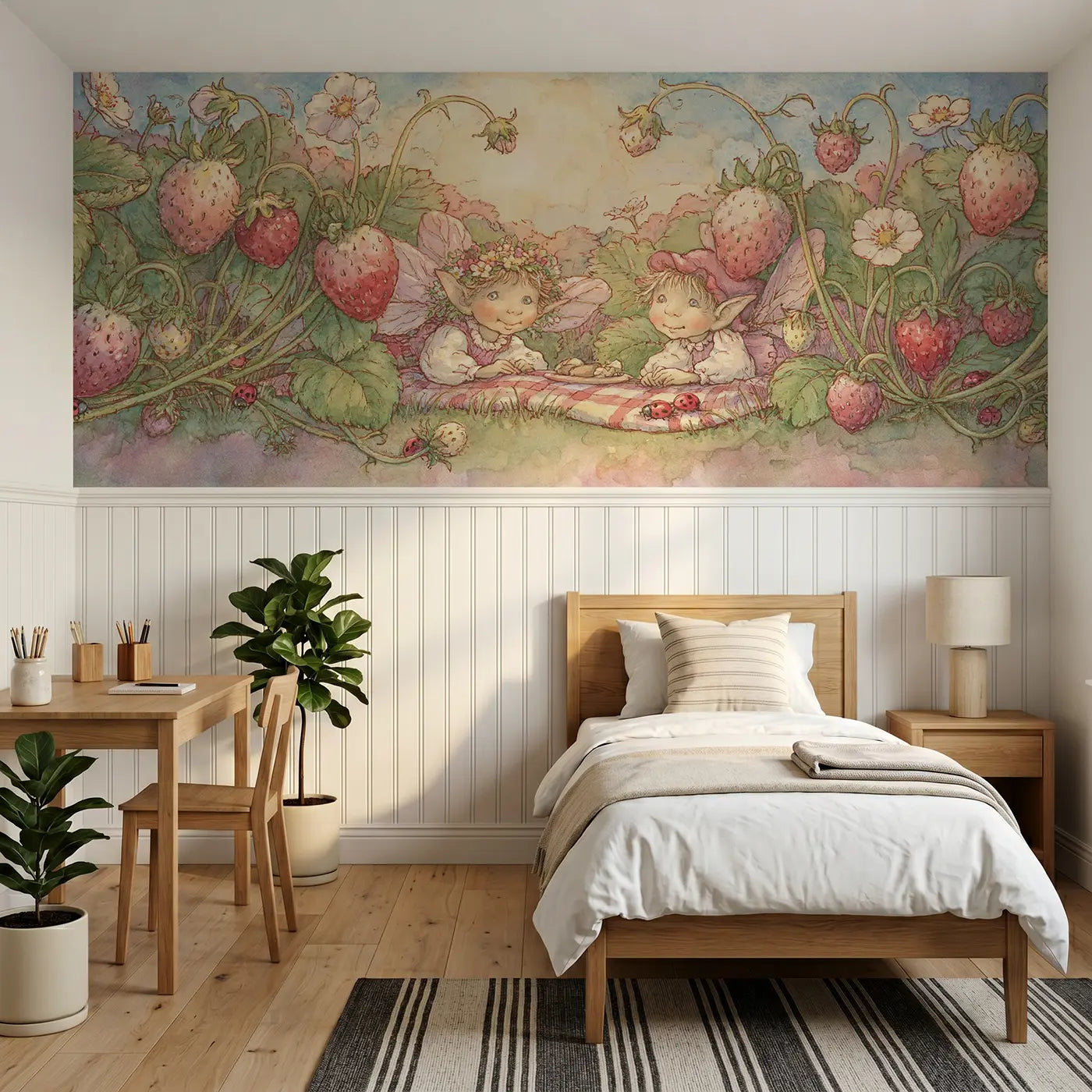Storybook fairy picnic strawberry patch wainscoting wallpaper for bedroom by Whimsy Tots