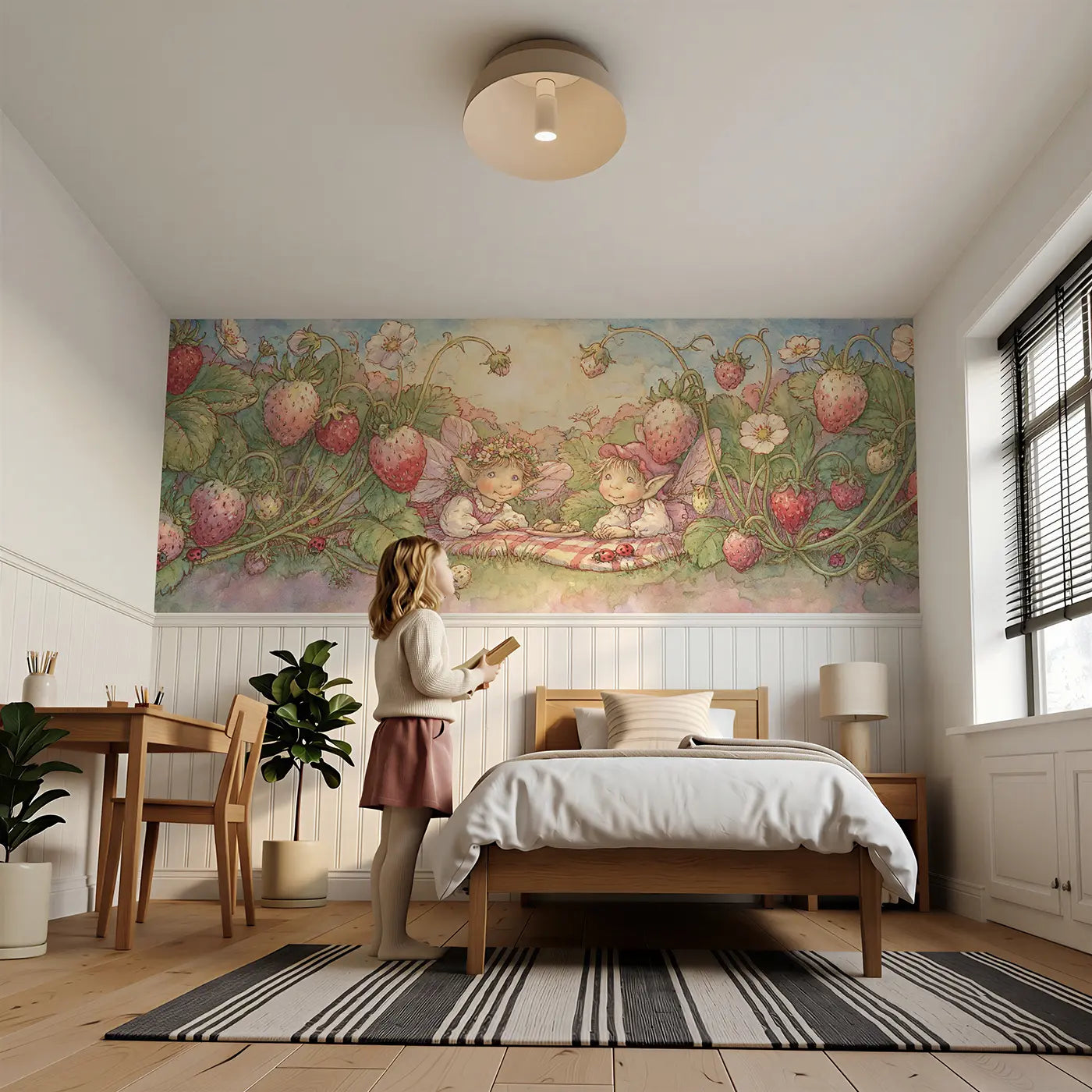 Child reading near Fairy Picnic Strawberry Patch Wainscoting Wallpaper by Whimsy Tots