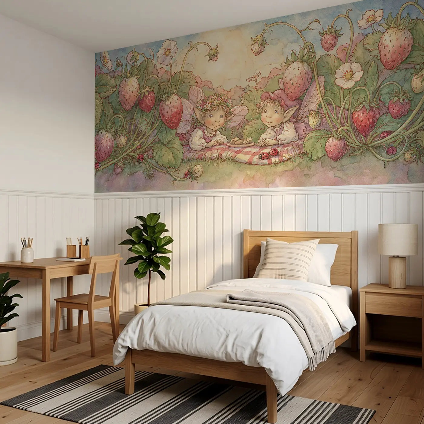 Fairy Picnic Strawberry Patch Wainscoting Wallpaper styled in a kids bedroom by Whimsy Tots