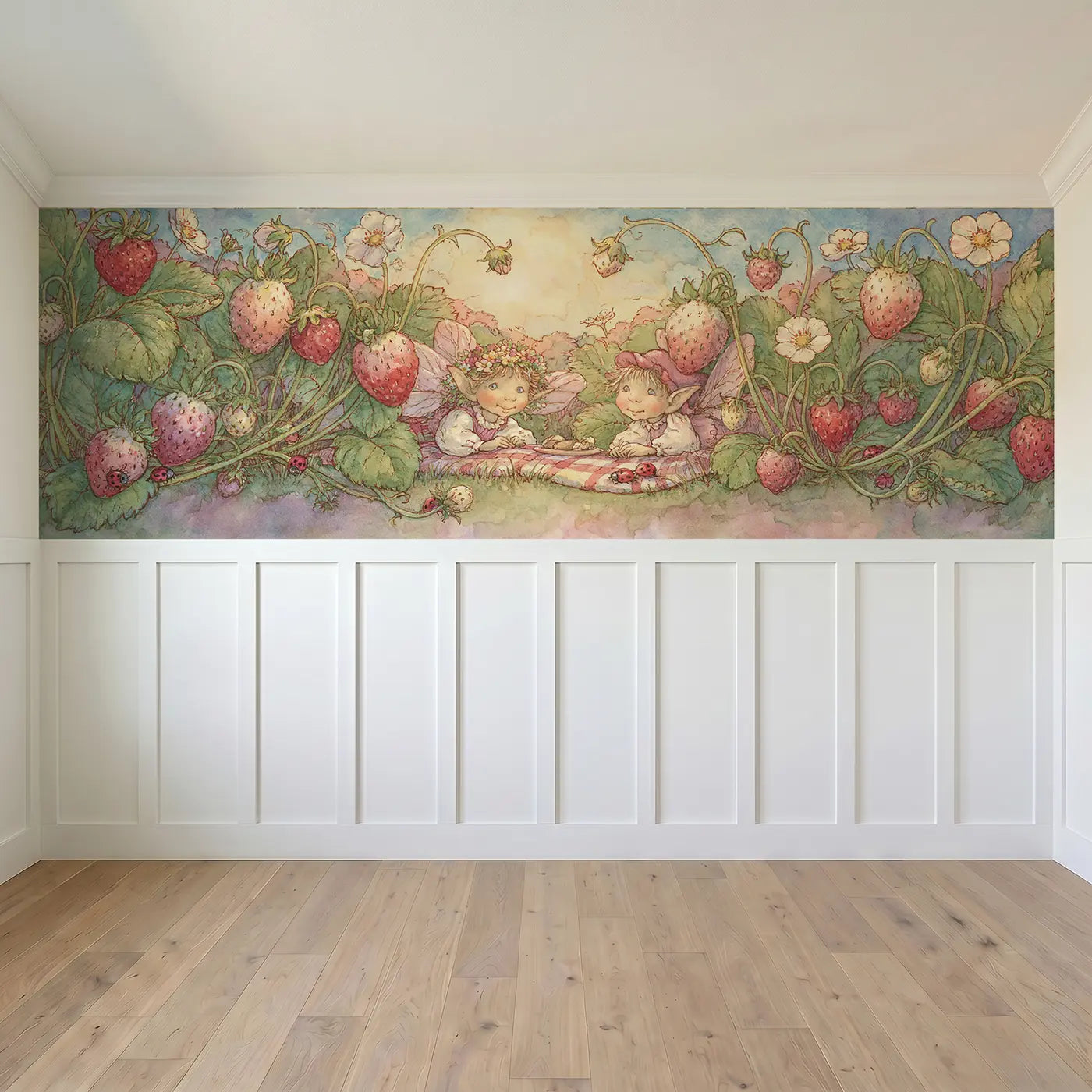 Full panel view of Fairy Picnic Strawberry Patch Wainscoting Wallpaper by Whimsy Tots