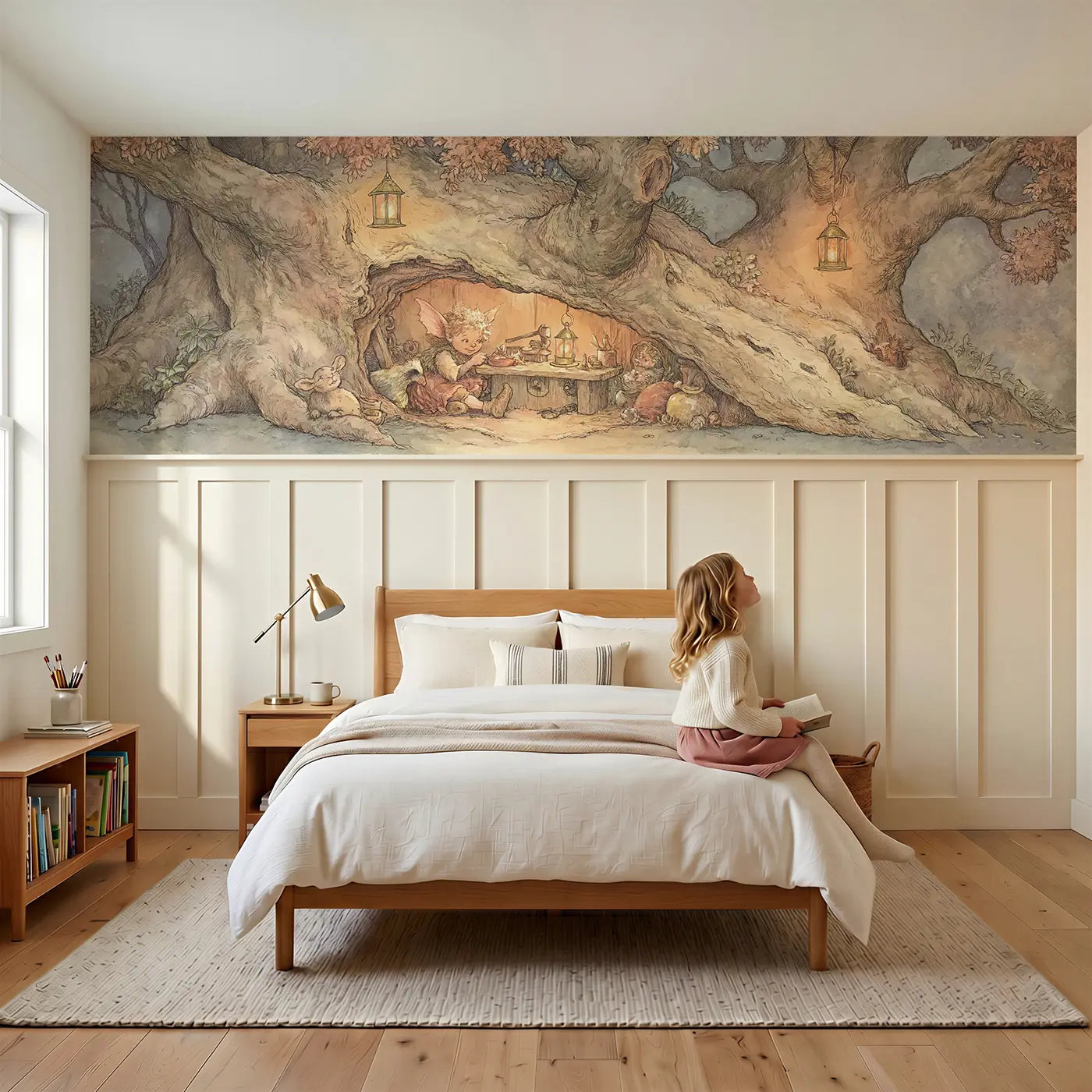Child reading near Fairy Lantern Workshop Oak Wainscoting Wallpaper by Whimsy Tots