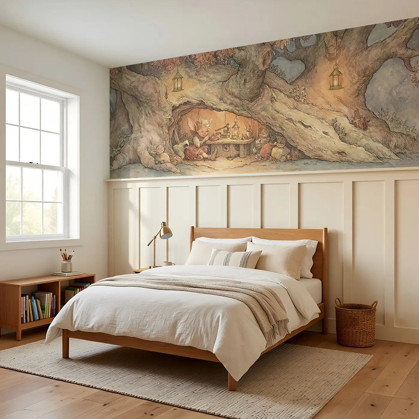 Fairy Lantern Workshop Oak Wainscoting Wallpaper styled in a kids bedroom by Whimsy Tots