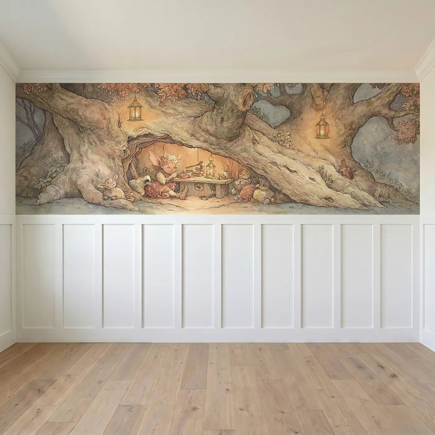 Full panel view of Fairy Lantern Workshop Oak Wainscoting Wallpaper by Whimsy Tots