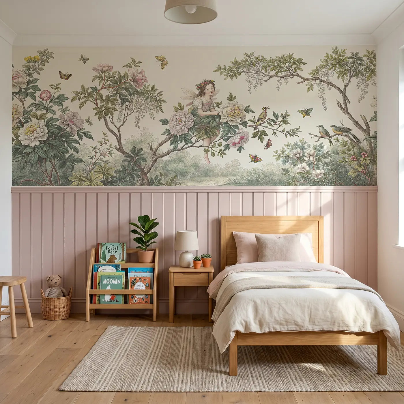 Botanical Elegance fairy peony branch garden toile wainscoting wallpaper for bedroom by Whimsy Tots