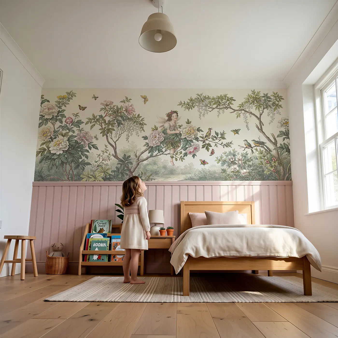 Child reading near Fairy Peony Branch Garden Wainscoting Wallpaper by Whimsy Tots
