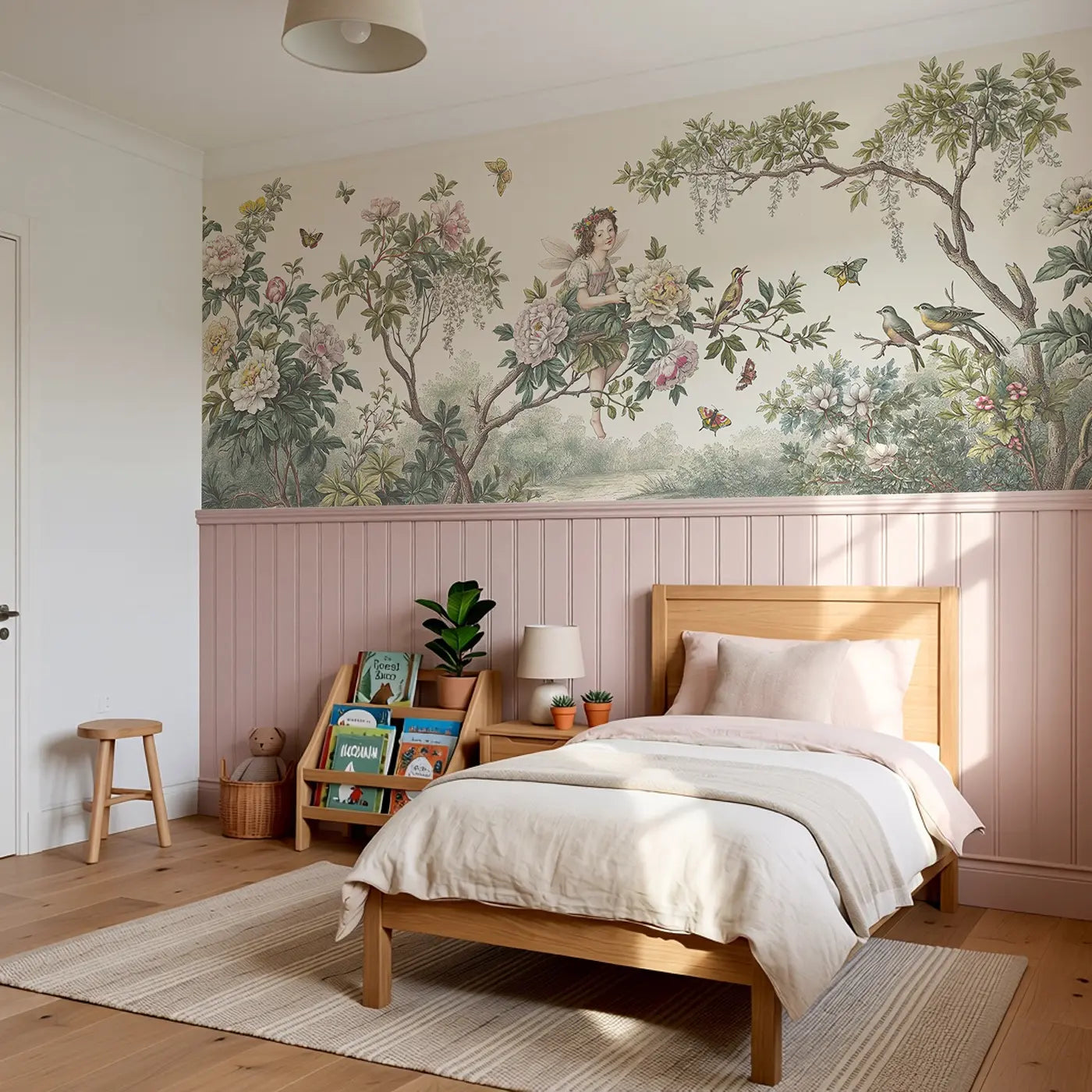 Fairy Peony Branch Garden Wainscoting Wallpaper styled in a kids bedroom by Whimsy Tots