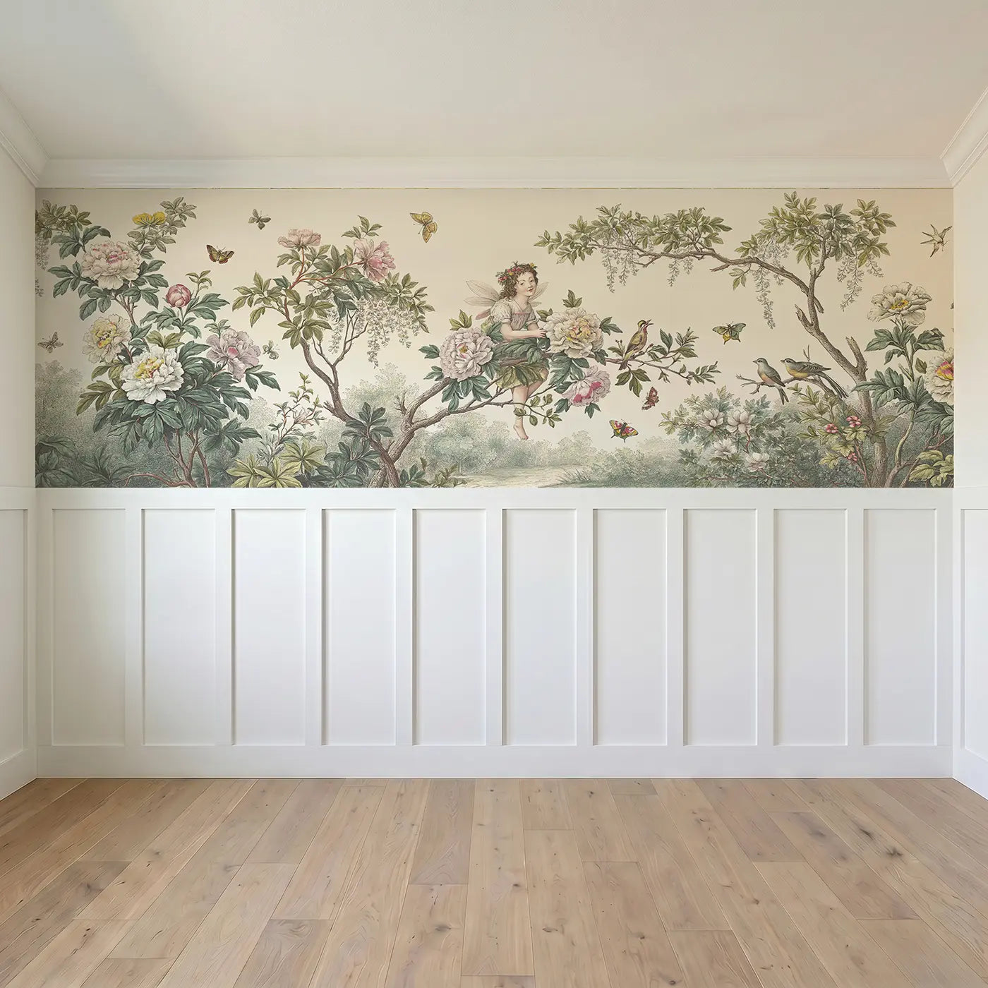 Full panel view of Fairy Peony Branch Garden Wainscoting Wallpaper by Whimsy Tots