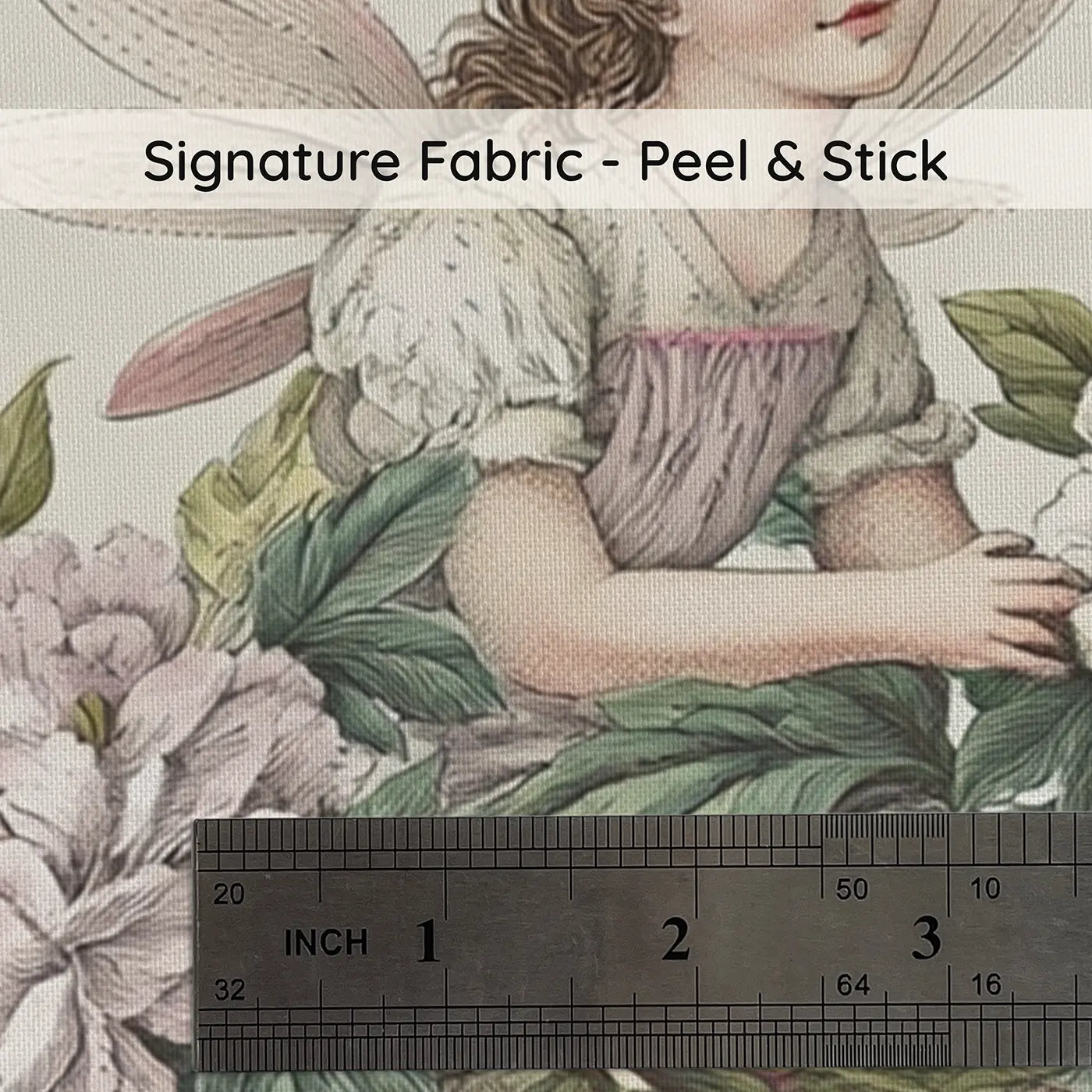 Fabric texture close-up of Fairy Peony Branch Garden Wainscoting Wallpaper by Whimsy Tots