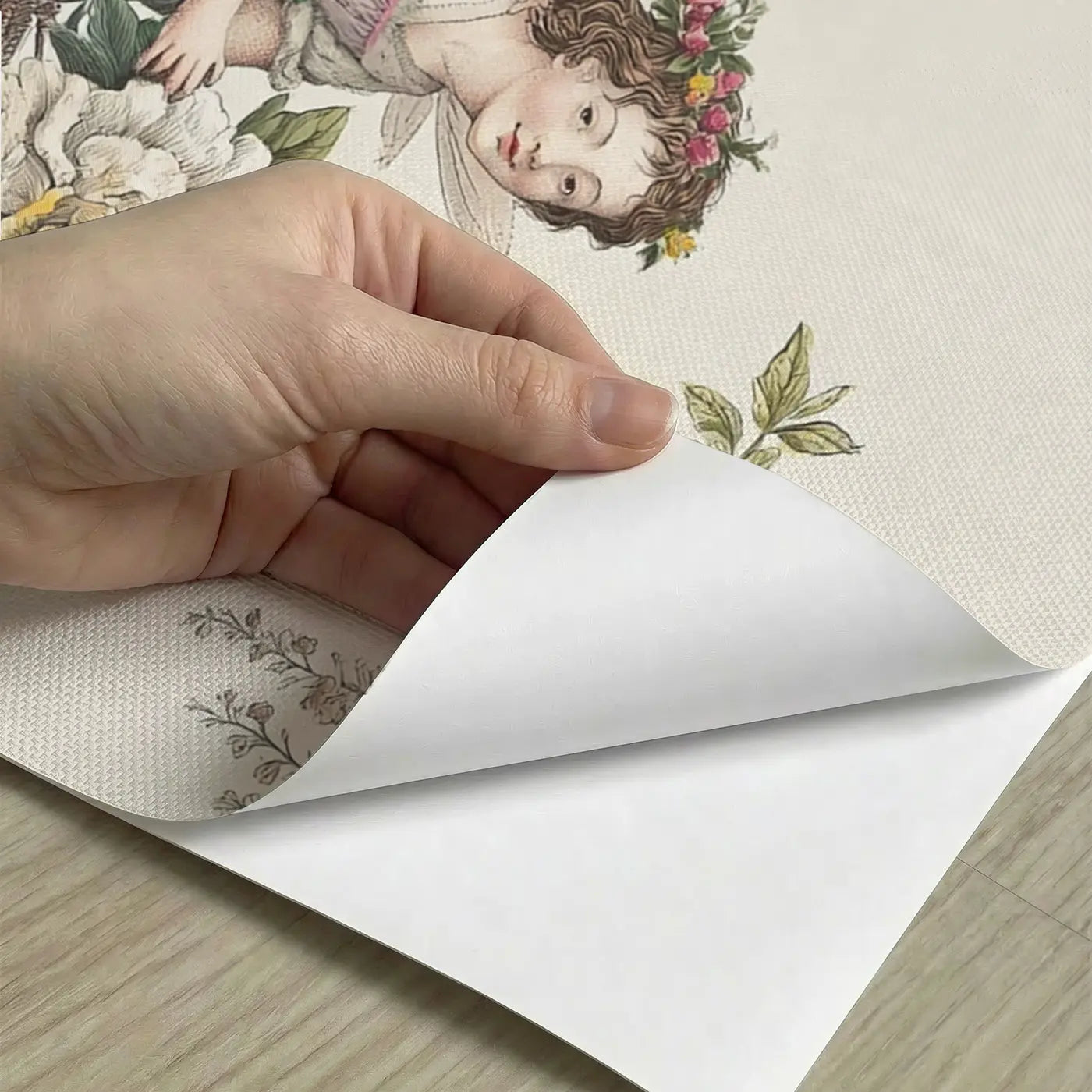 Peel-and-stick detail of Fairy Peony Branch Garden Wainscoting Wallpaper by Whimsy Tots