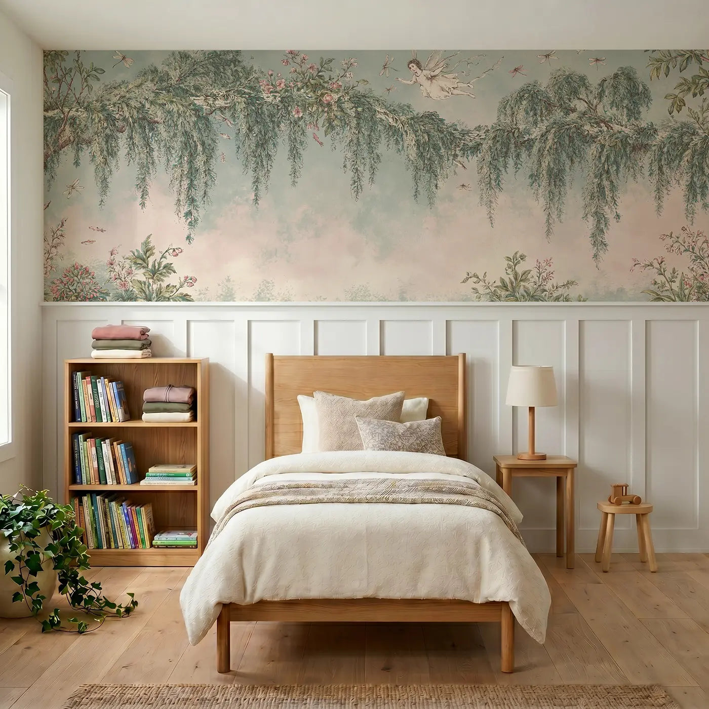 Botanical Elegance fairy willow stream toile wainscoting wallpaper for bedroom by Whimsy Tots