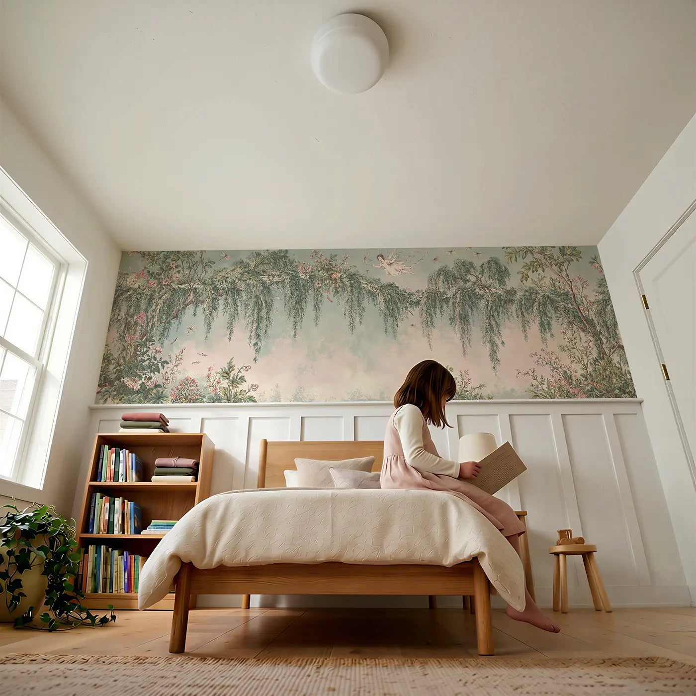 Child reading near Fairy Willow Stream Toile Wainscoting Wallpaper by Whimsy Tots