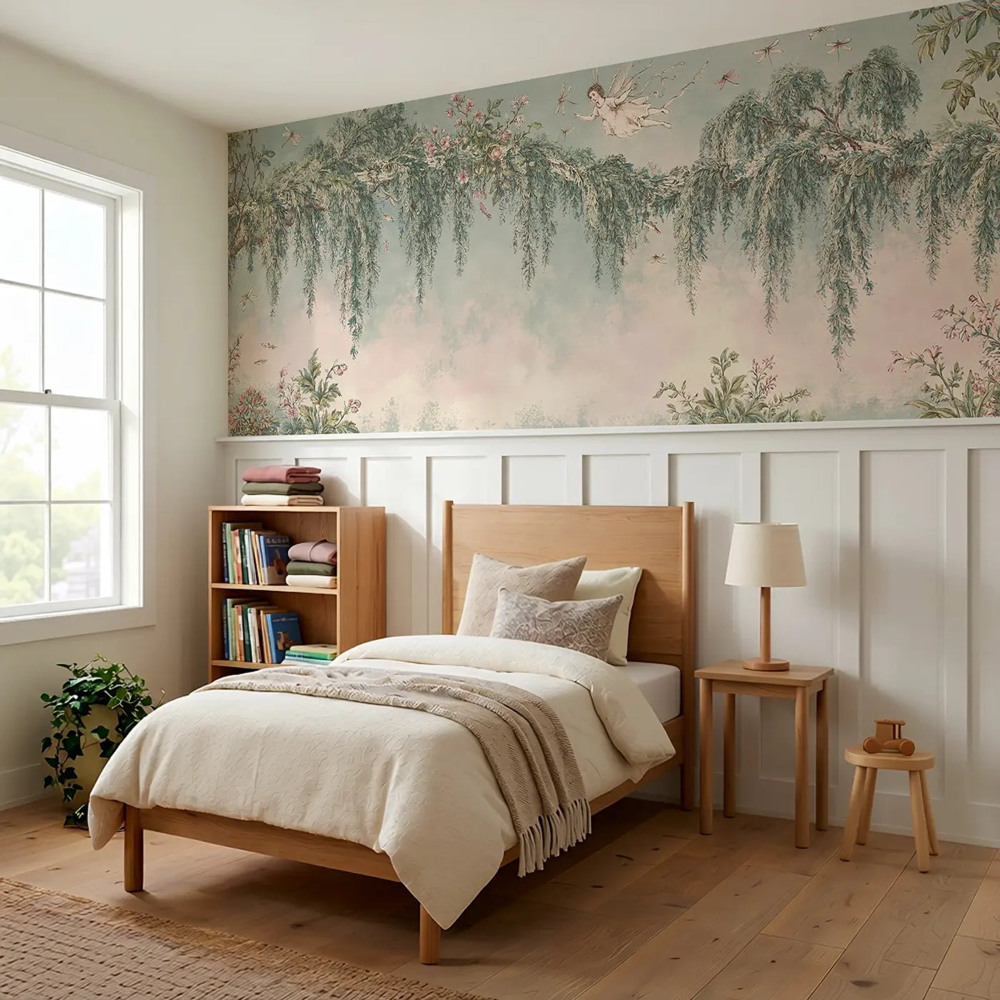 Fairy Willow Stream Toile Wainscoting Wallpaper styled in a kids bedroom by Whimsy Tots