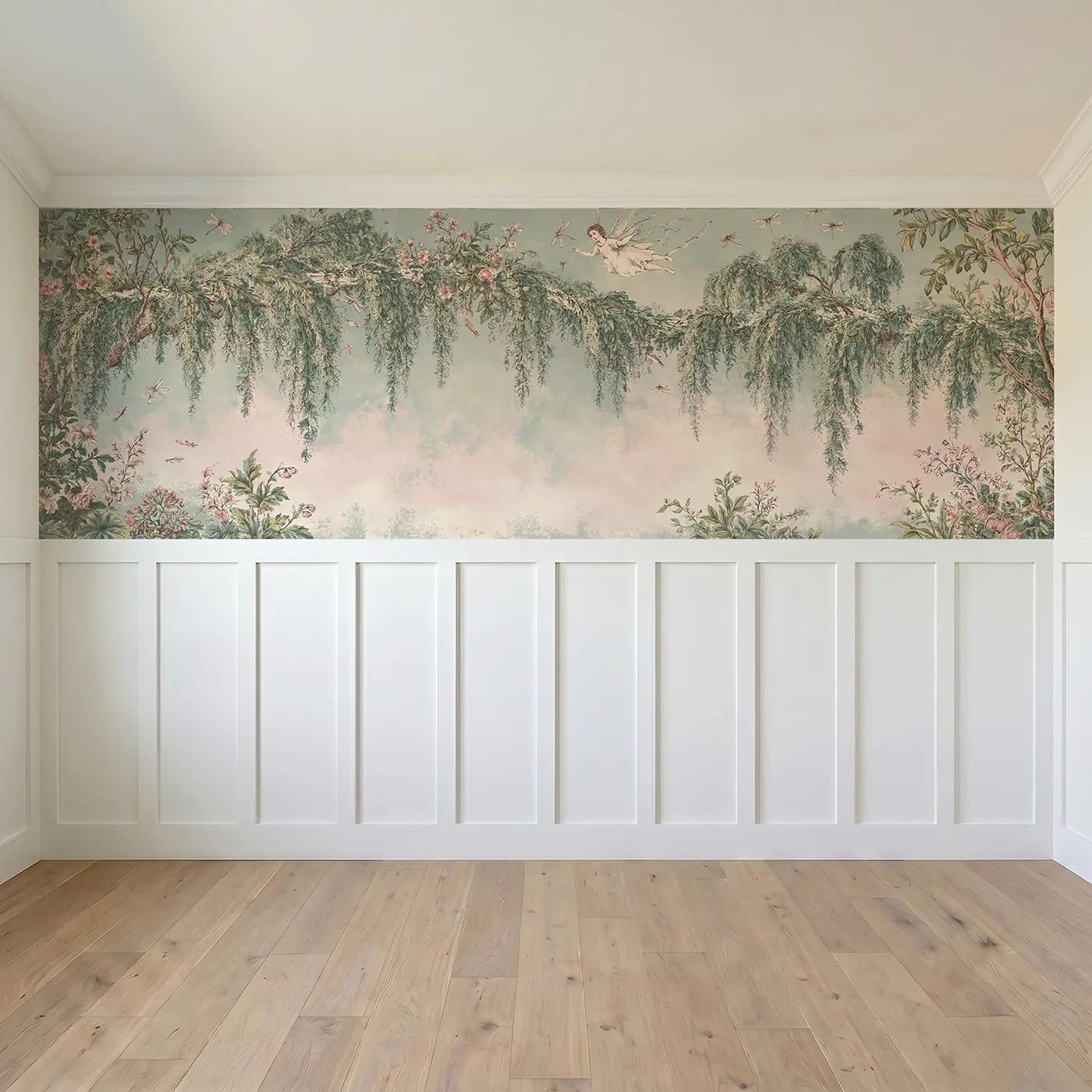 Full panel view of Fairy Willow Stream Toile Wainscoting Wallpaper by Whimsy Tots