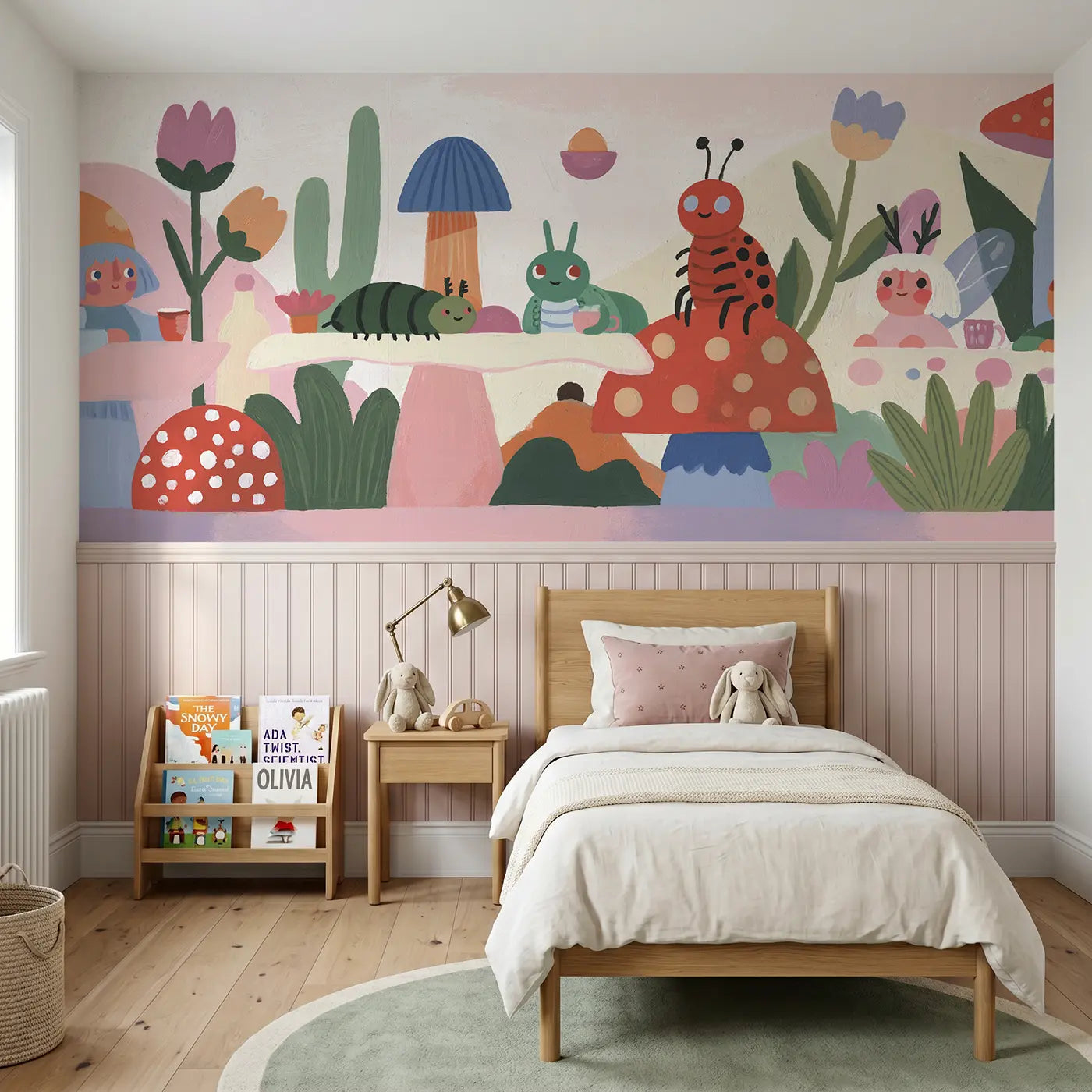 Modern Illustration fairy toadstool cafe wainscoting wallpaper for bedroom by Whimsy Tots