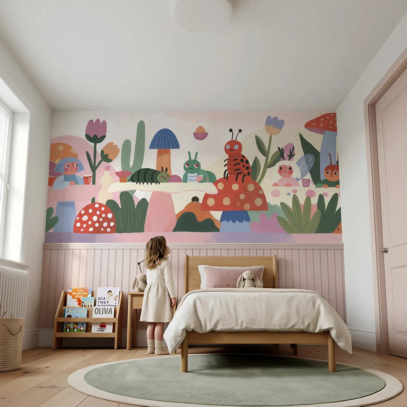 Child reading near Graphic Fairy Toadstool Cafe Wainscoting Wallpaper by Whimsy Tots