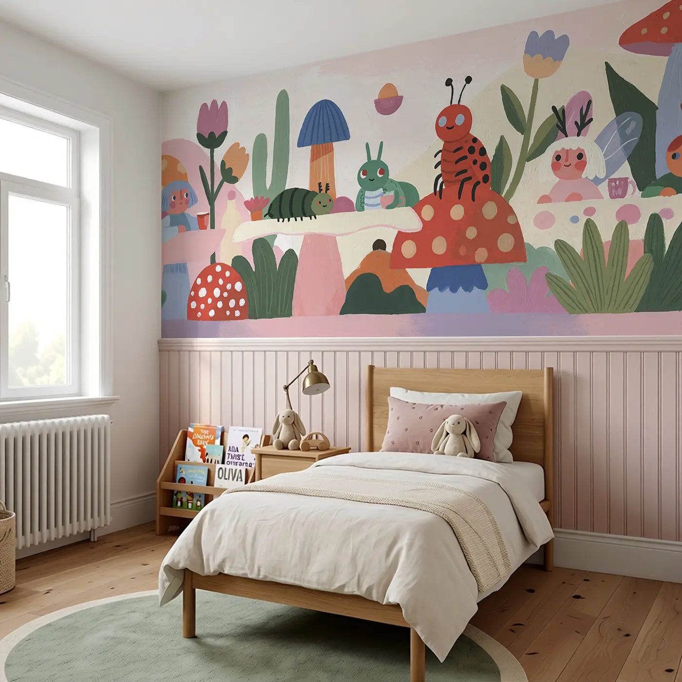 Graphic Fairy Toadstool Cafe Wainscoting Wallpaper styled in a kids bedroom by Whimsy Tots