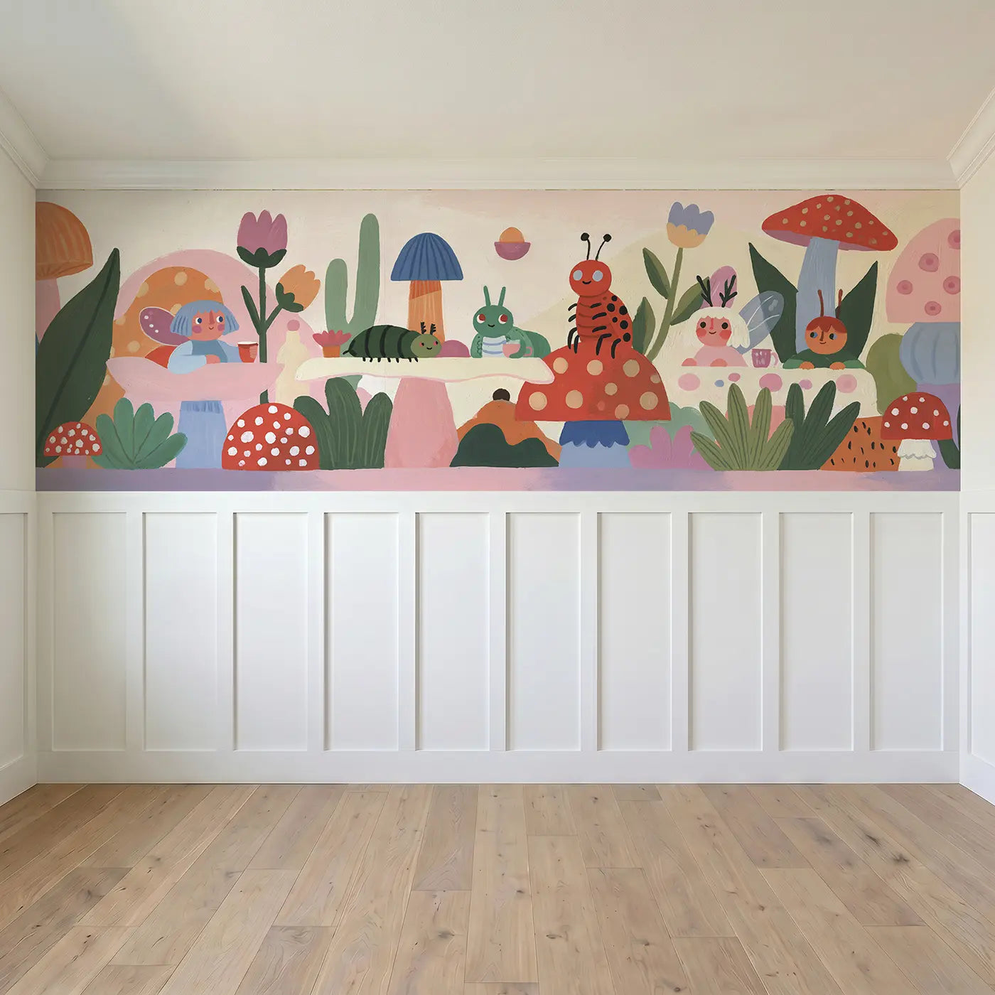 Full panel view of Graphic Fairy Toadstool Cafe Wainscoting Wallpaper by Whimsy Tots