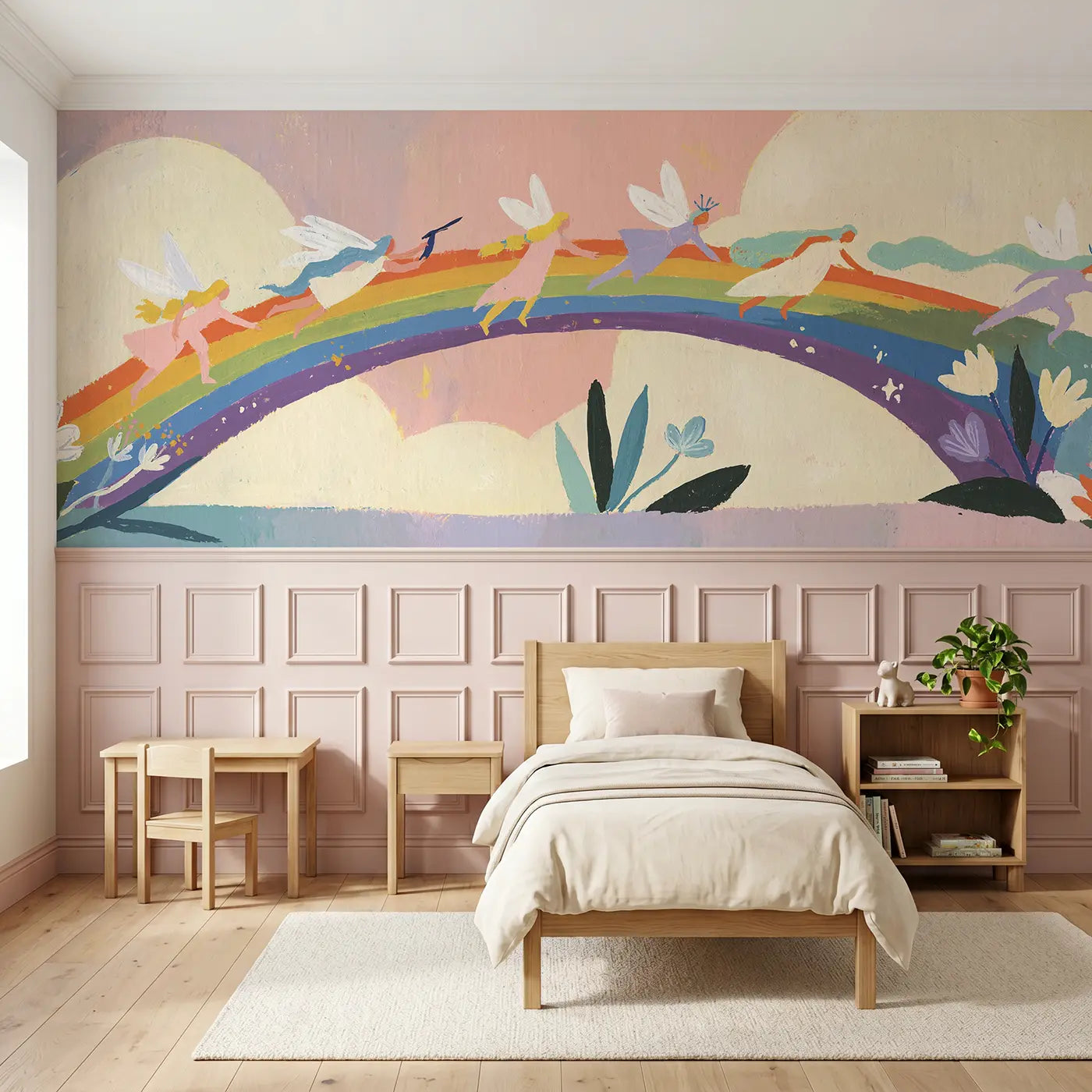 Modern Illustration fairy rainbow bridge wainscoting wallpaper for bedroom by Whimsy Tots
