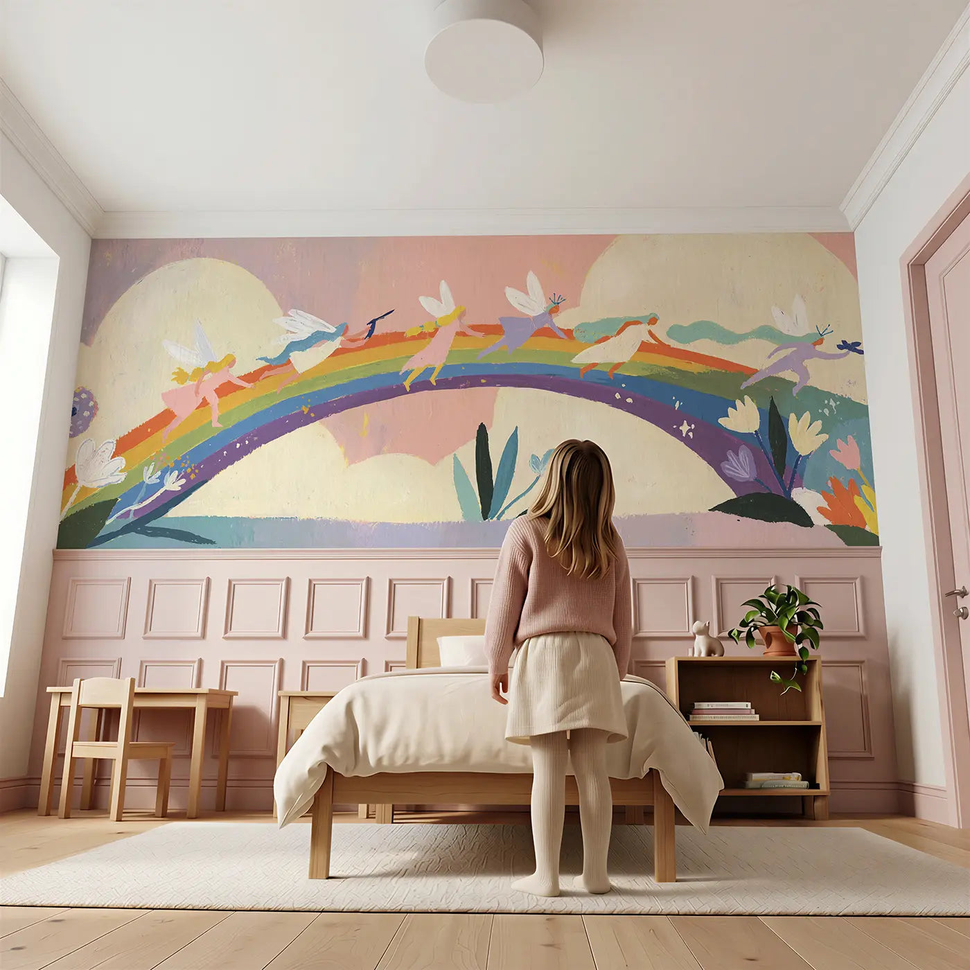 Child reading near Flat Fairy Rainbow Bridge Wainscoting Wallpaper by Whimsy Tots