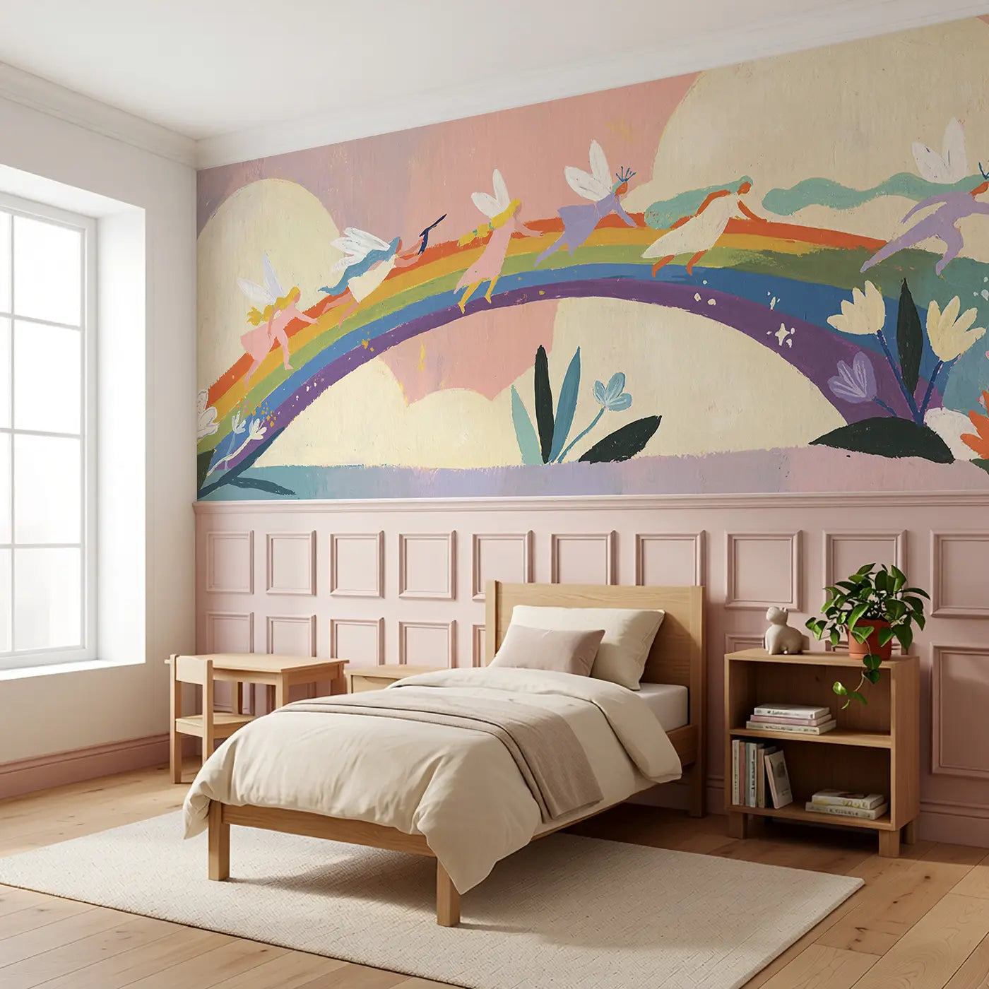 Flat Fairy Rainbow Bridge Wainscoting Wallpaper styled in a kids bedroom by Whimsy Tots
