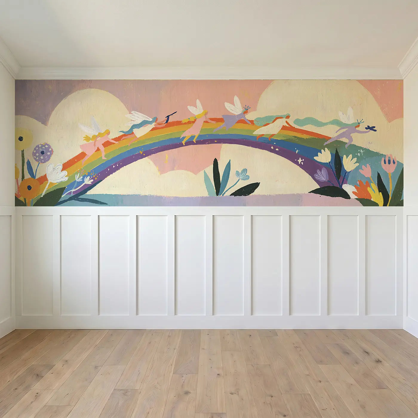 Full panel view of Flat Fairy Rainbow Bridge Wainscoting Wallpaper by Whimsy Tots