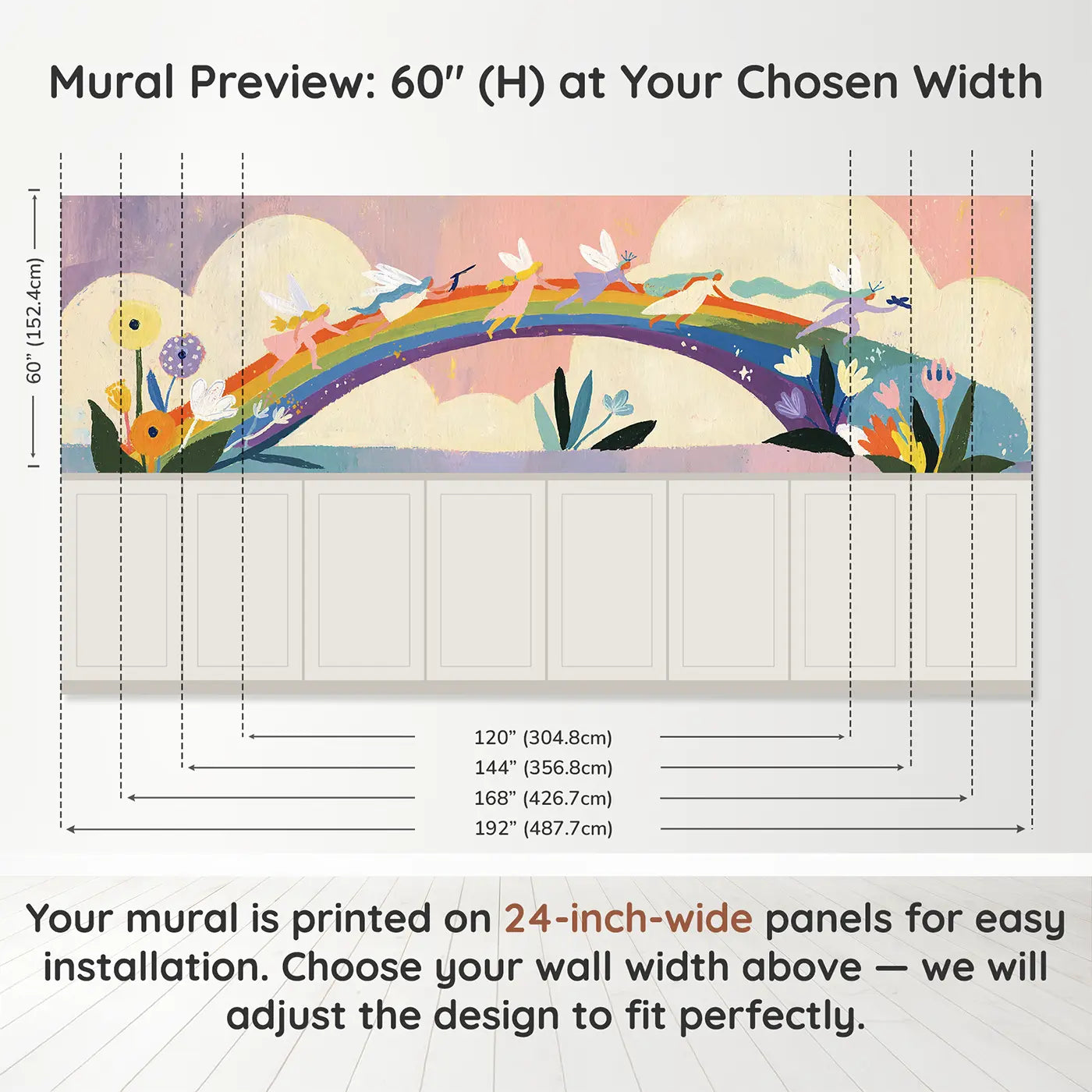 Panel dimensions for Flat Fairy Rainbow Bridge Wainscoting Wallpaper by Whimsy Tots