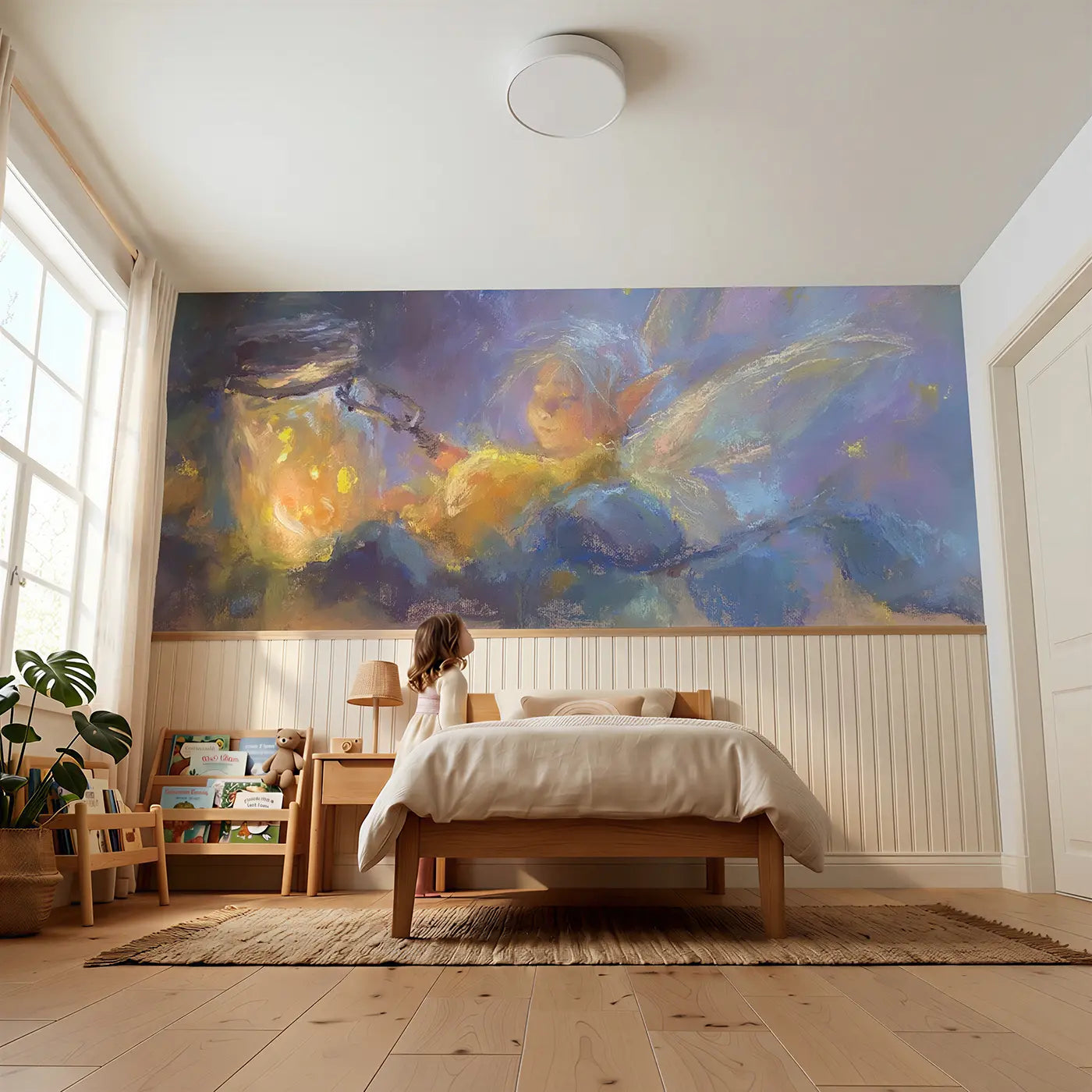 Child reading near Chalk Fairy Firefly Jar Glow Wainscoting Wallpaper by Whimsy Tots